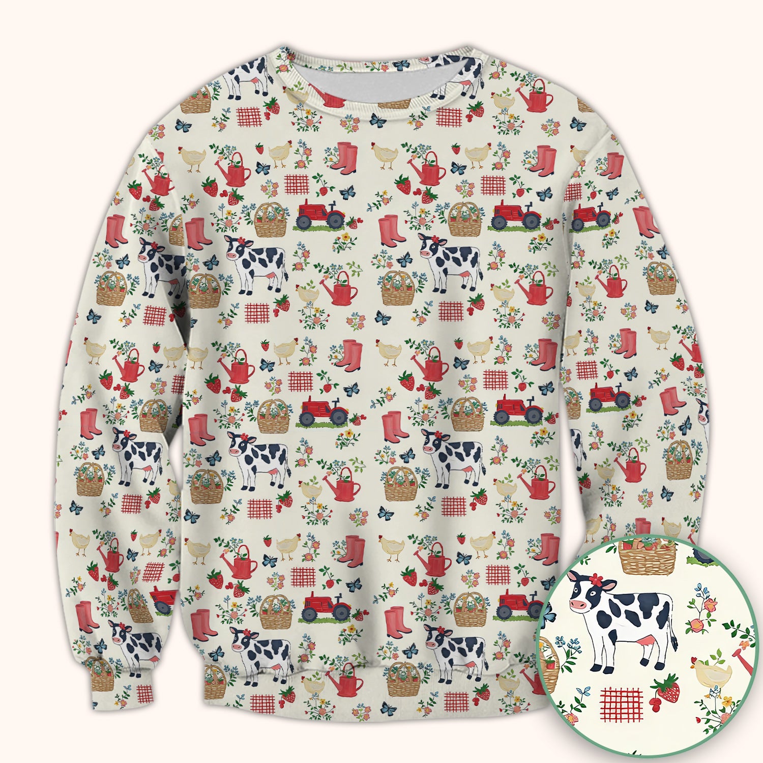 Cute Cow Chicken Farm Pattern Scrub Top, Breathable Fabrics Nursing Uniform