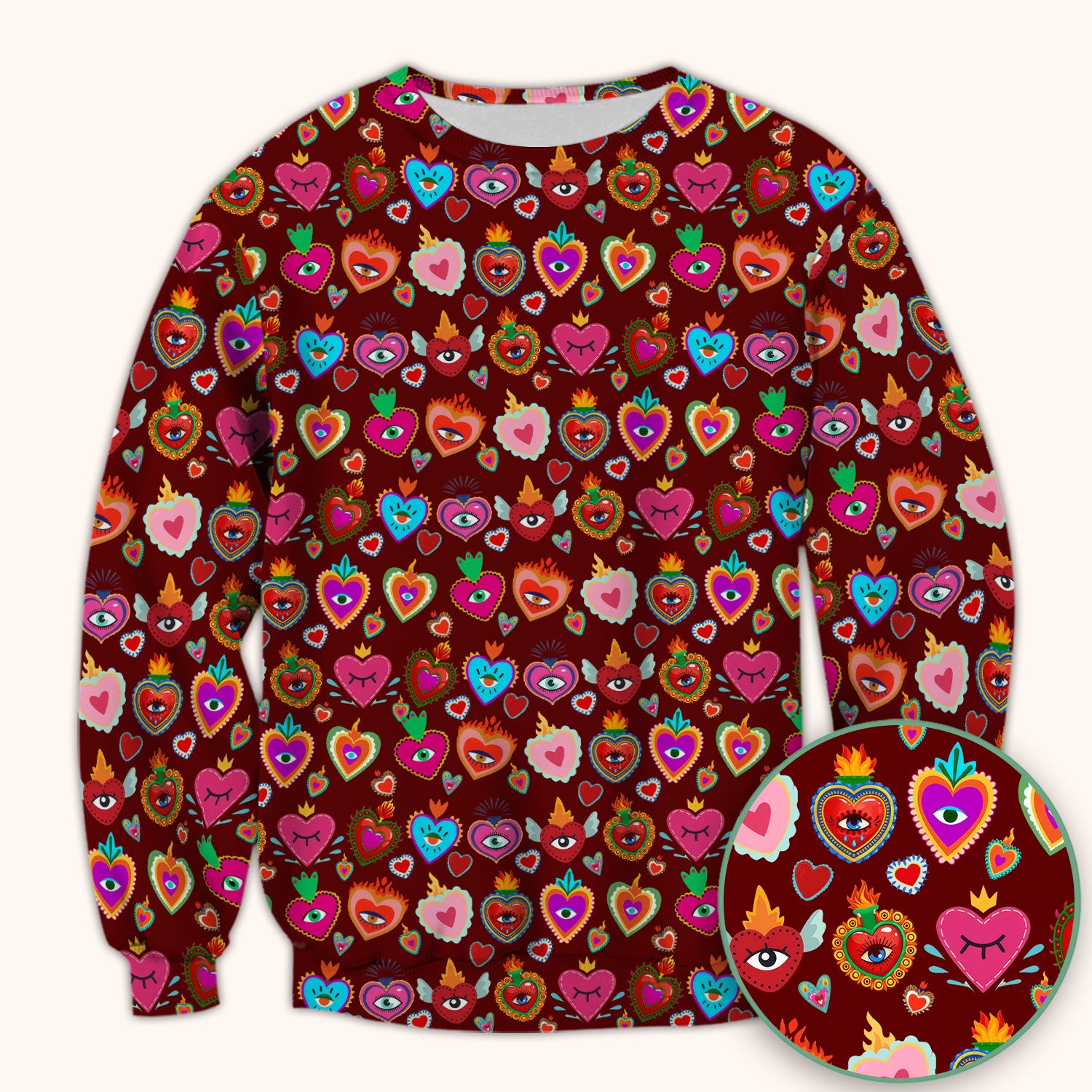 Valentine Colorful Sacred Heart Print Medical Scrub Top, Comfortable Scrubs for Nurses