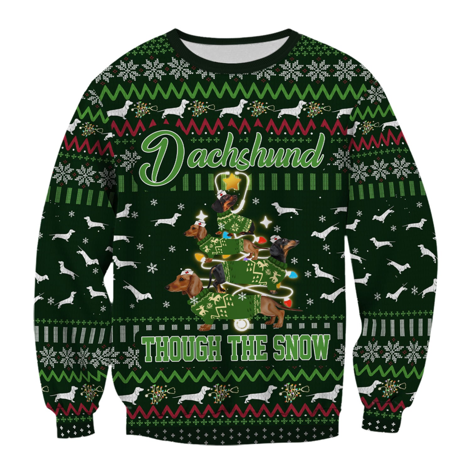 Dachshund Through The Snow Christmas Scrub Top - Funny Sausage Dog Xmas Tree Nurse Shirt - Cute Holiday Medical Uniform