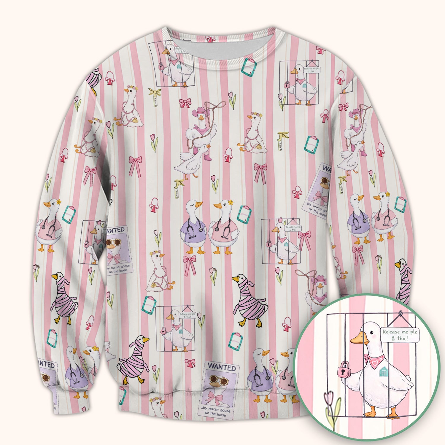 Cute Nurse Duck Stripe Pattern Scrub Top, Comfortable Scrubs for Nurses