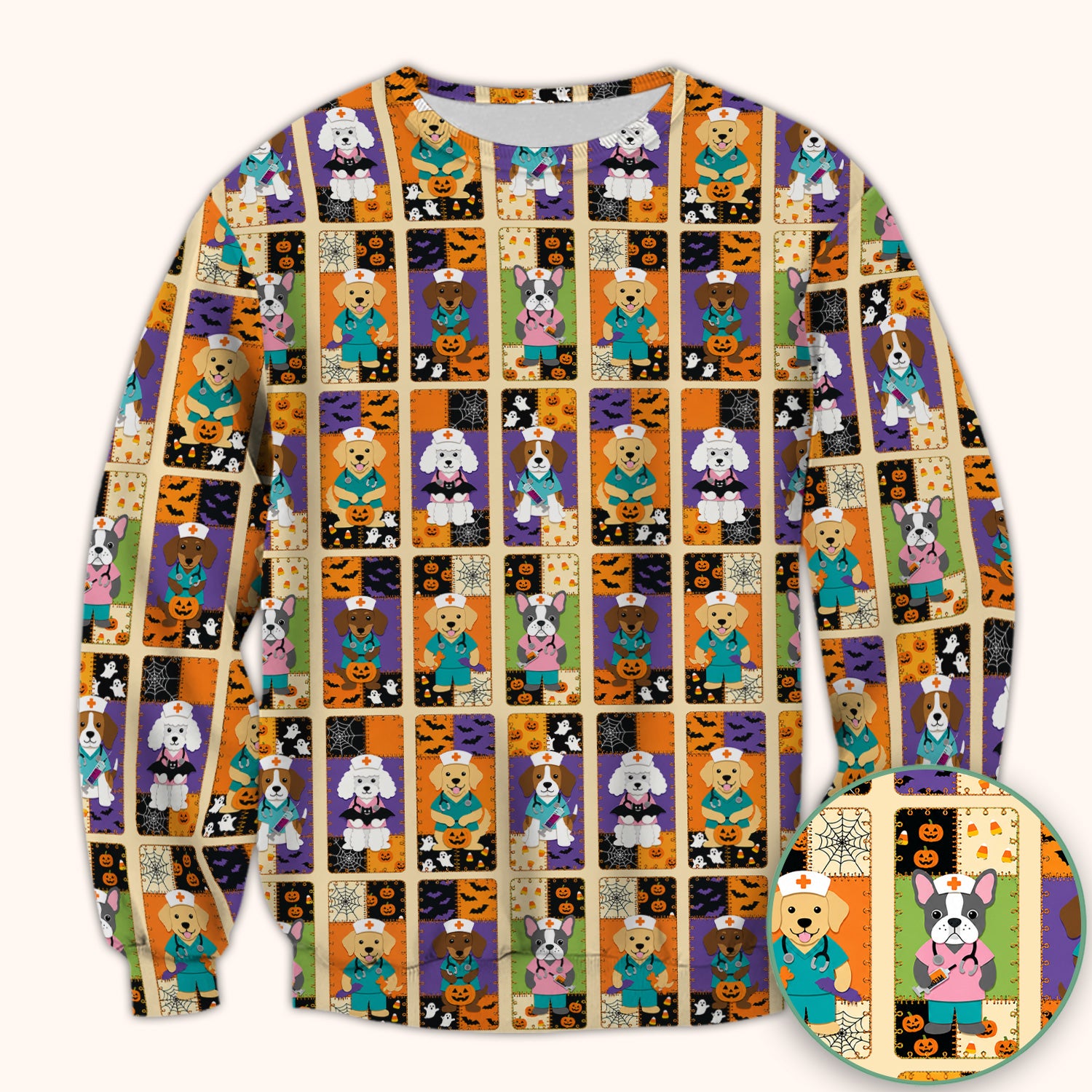 Spooky Halloween Dog Veterinary Scrub Top, Comfortable Scrubs for Nurses