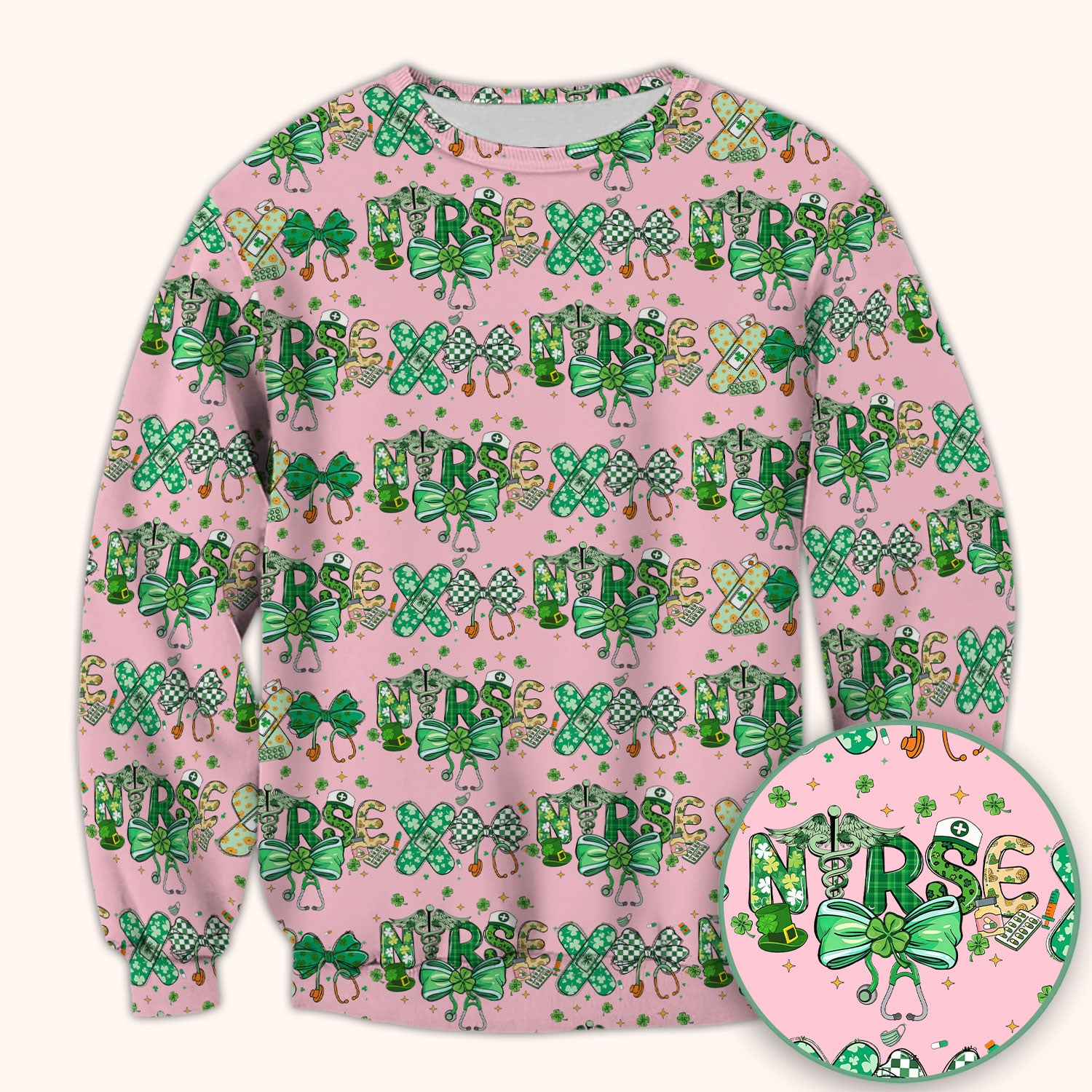 St. Patrick’s Nurse Scrub Top, Lucky Clover And Green Bow Pattern Nurse Shirt, Breathable Fabrics Nursing Uniform