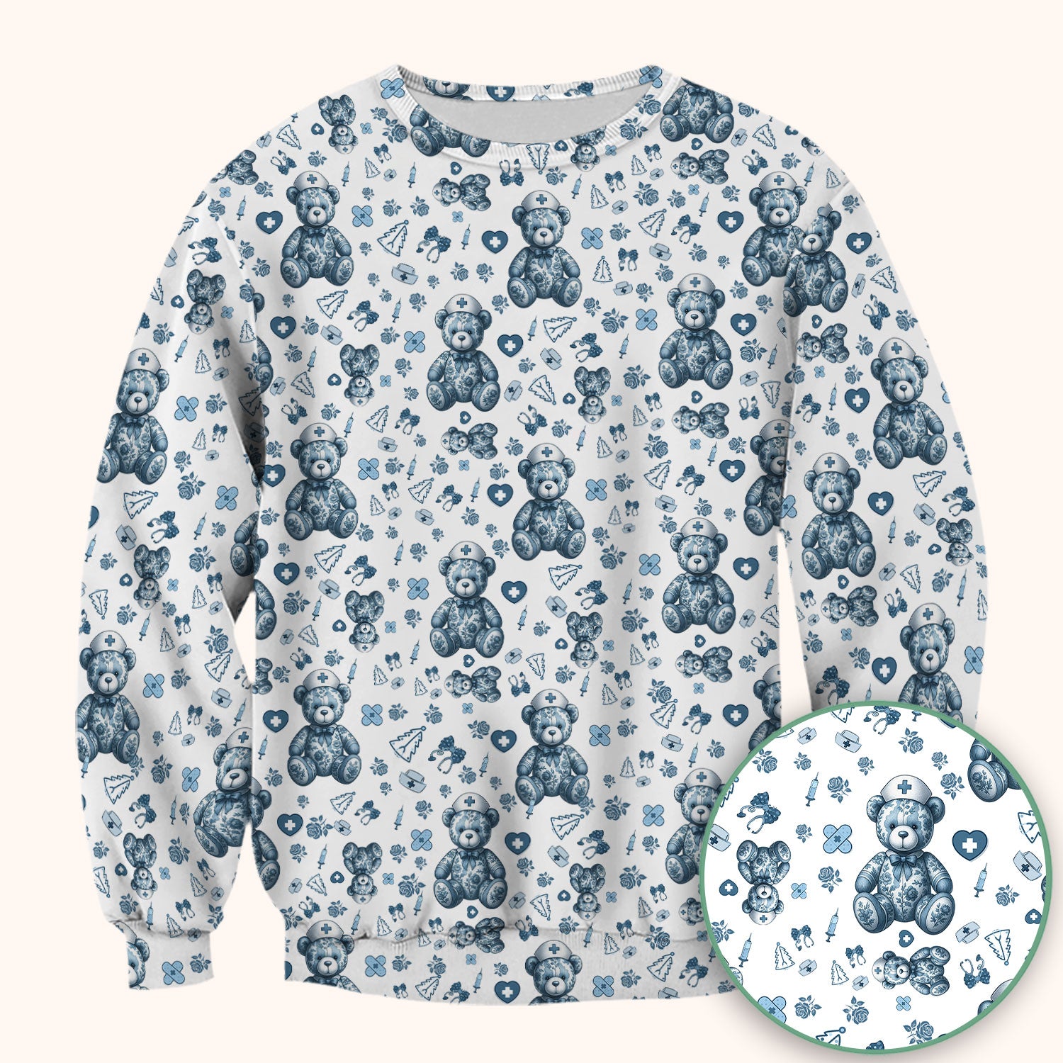 Toile Teddy Bear Nurse Scrub Top - Elegant Blue Toile de Jouy Pattern Medical Shirt for Women - Cute Vintage Nursing Uniform Gift