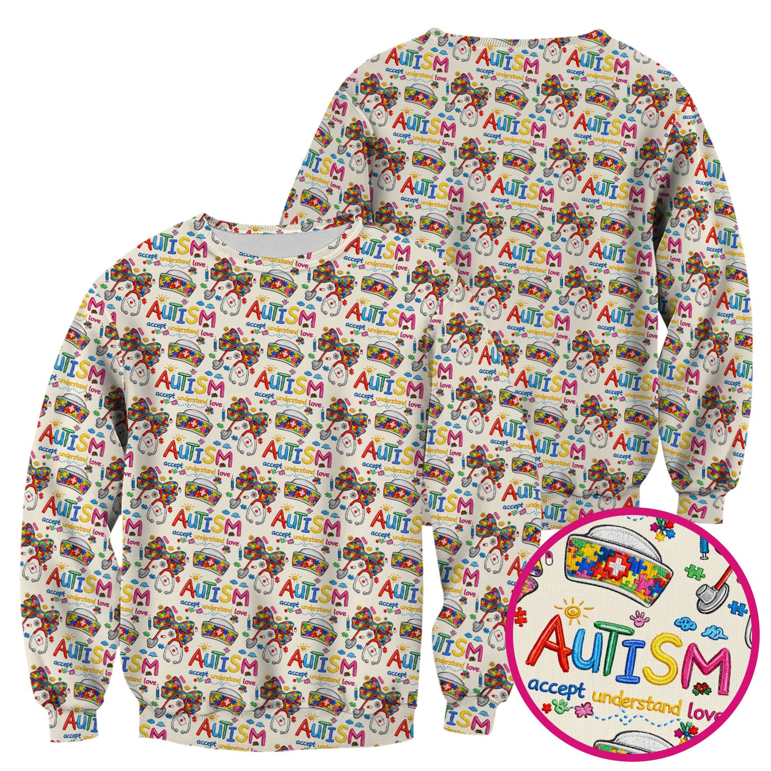 Autism Awareness Pattern Nurse Scrub Top, Accept Understand Love Puzzle Nurses Shirt, Breathable Fabrics Nursing Uniform