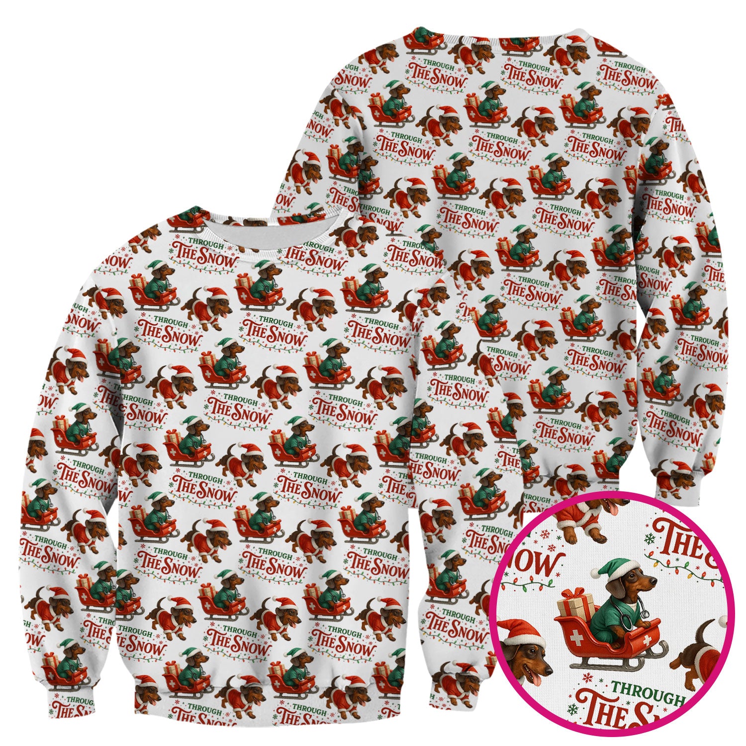 Dachshund Christmas Scrub Top, Cute Dog Nurse Scrub Shirt, Through The Snow Pattern Nursing Uniform
