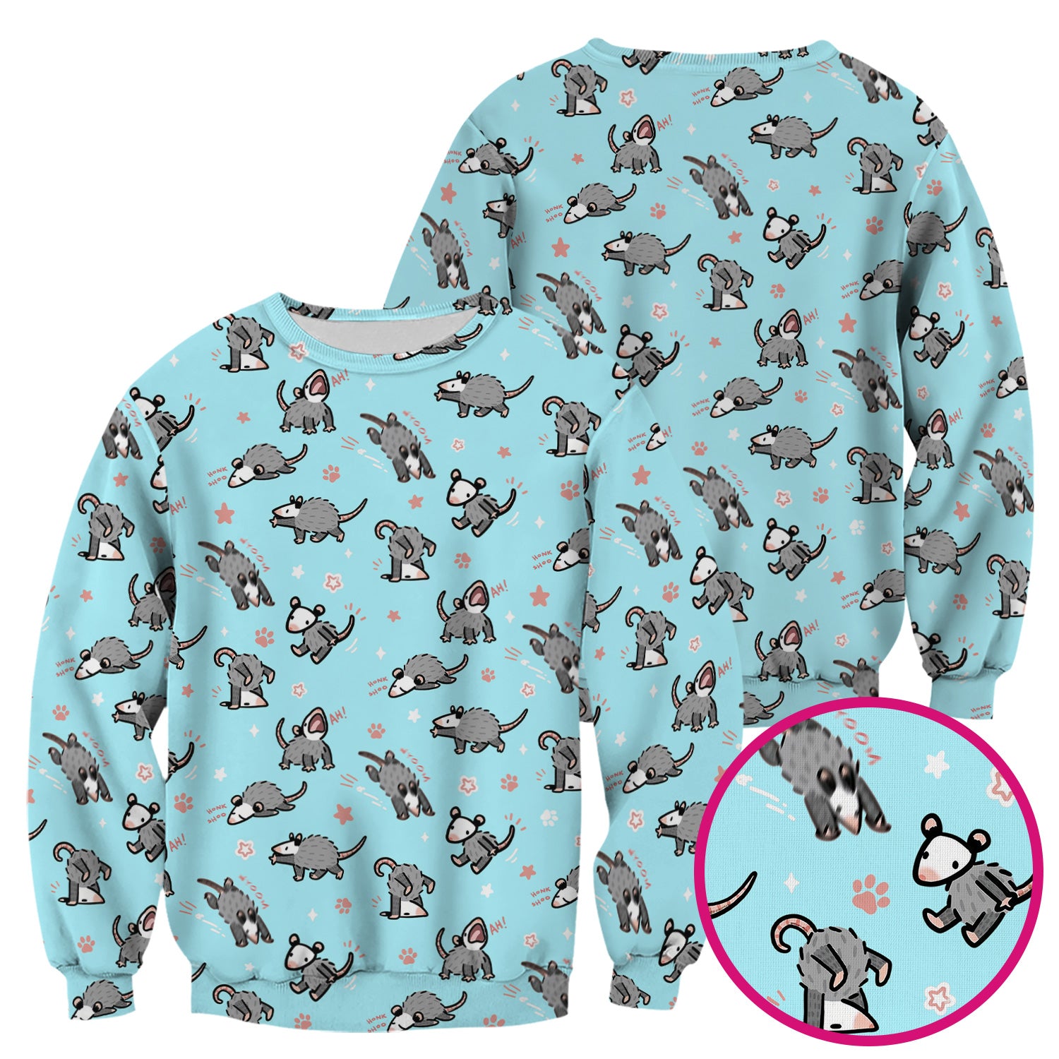 Playful Cartoon Opossum Character Pattern Scrub Top, Breathable Fabrics Nursing Uniform