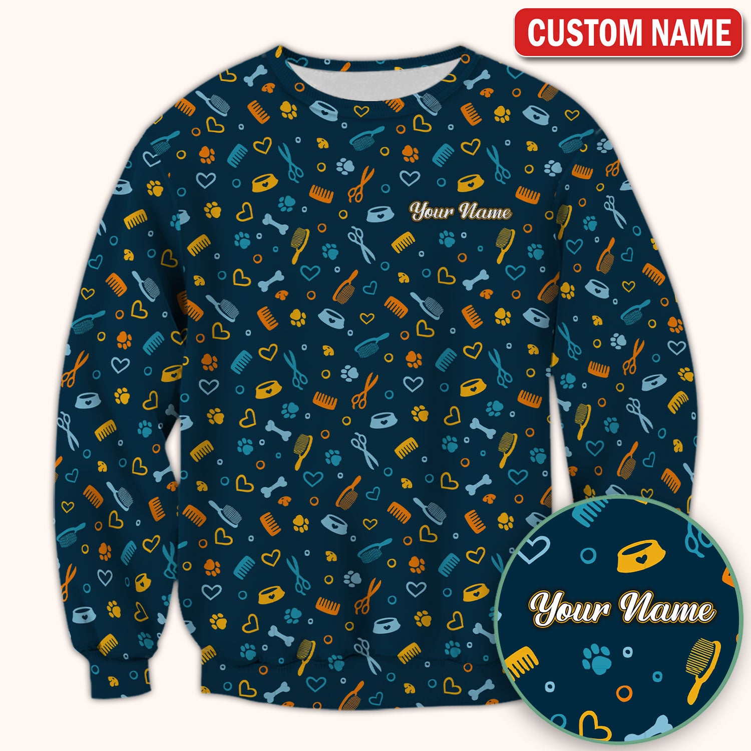 Custom Name Dog Cat Grooming Pattern Scrub Top, Breathable Fabrics Nursing Uniform