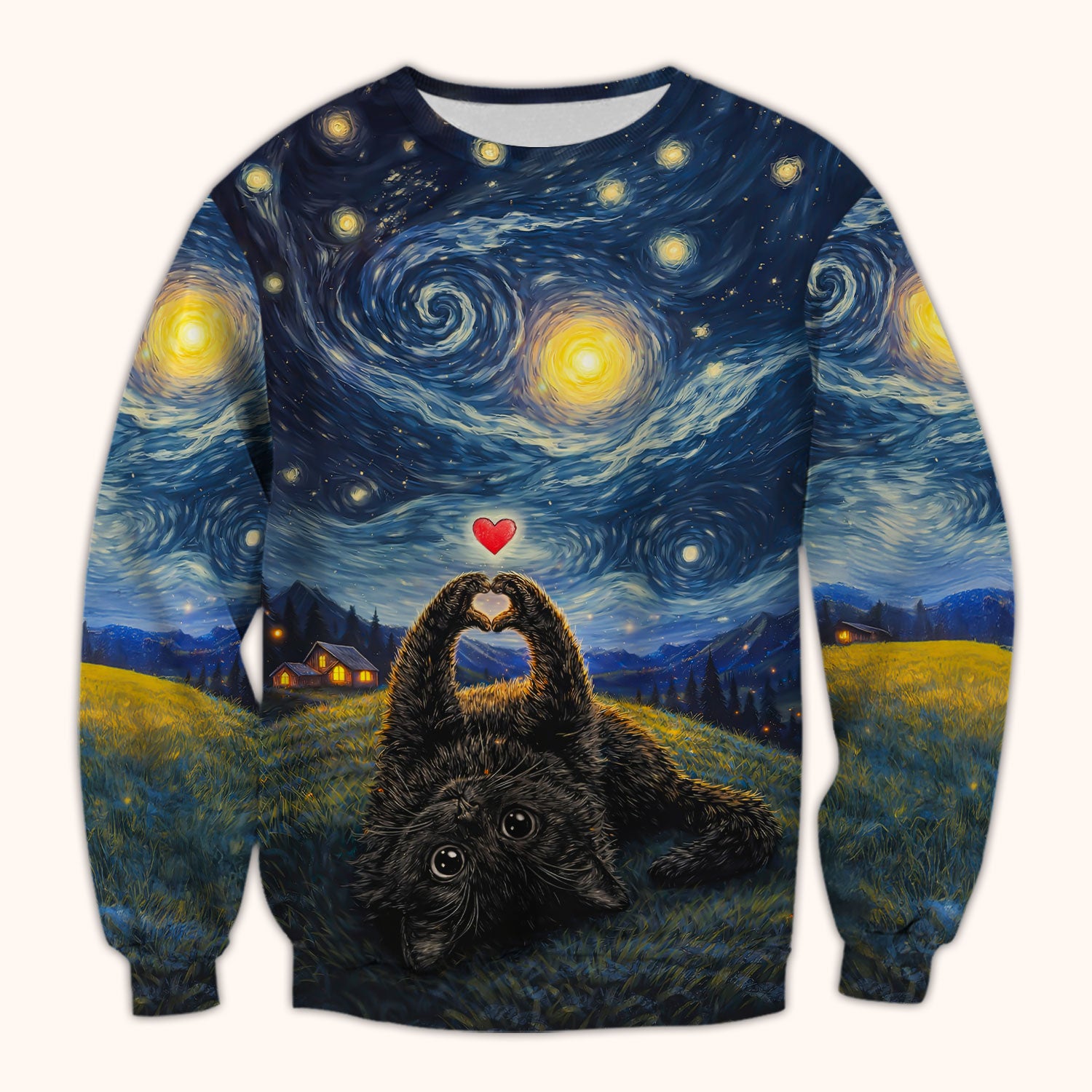 Starry Night Black Cat Heart Art Scrub Top, Breathable Fabrics Nursing Uniform