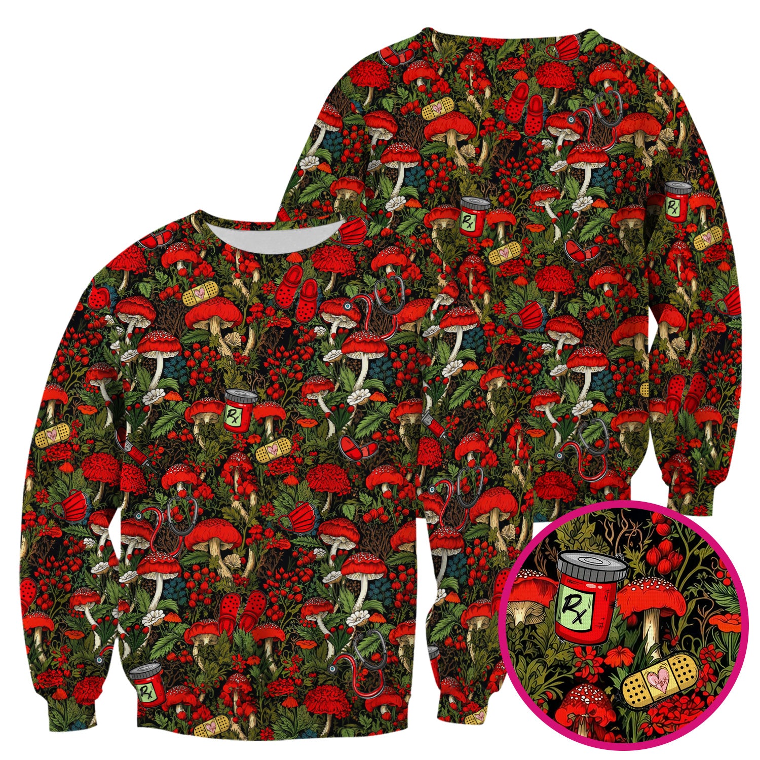 Red Mushroom Medical Forest Pattern Scrub Top, Comfortable Scrubs for Nurses