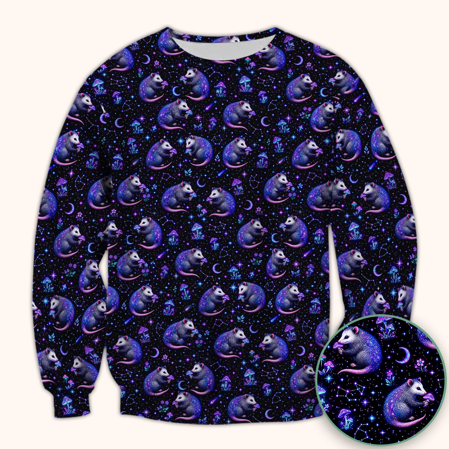 Celestial Purple Opossum With Mushroom Pattern Scrub Top, Comfortable Scrubs for Nurses