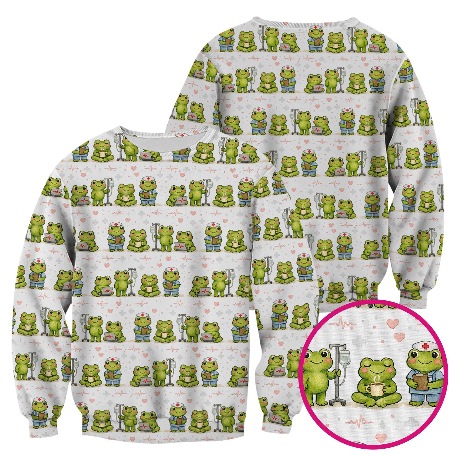 Adorable Frog Nurse Various Poses Print Scrub Top, Comfortable Scrubs for Nurses
