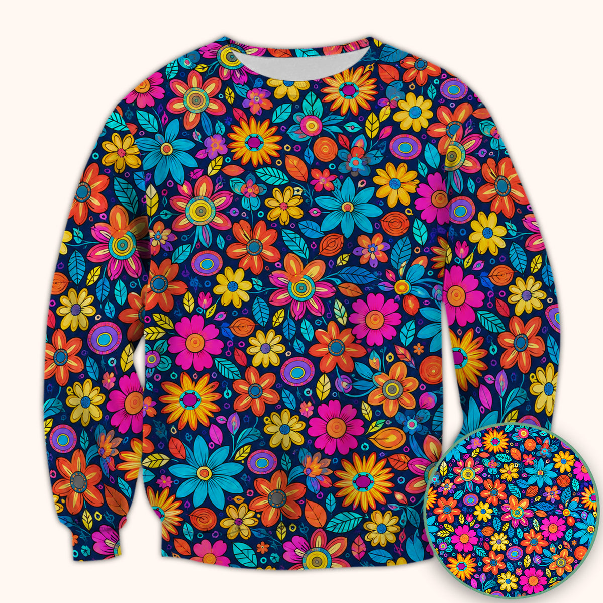 Vibrant Retro Floral Doodle Pattern Scrub Top, Comfortable Scrubs for Nurses