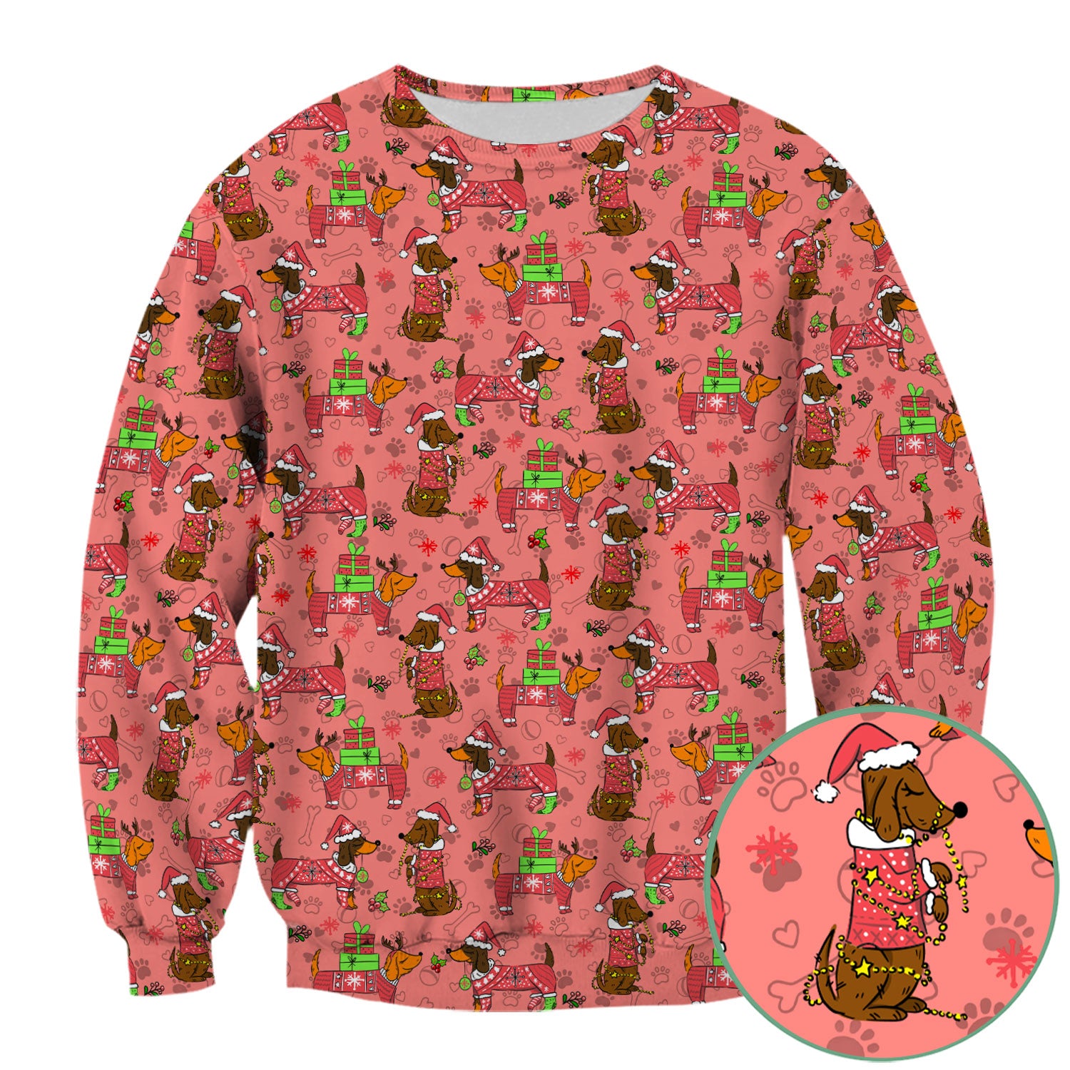 Holiday Dachshund Scrub Top for Nurses - Christmas Sausage Dog Santa with Paw Prints - Funny Medical Shirt RN LPN CNA Gift