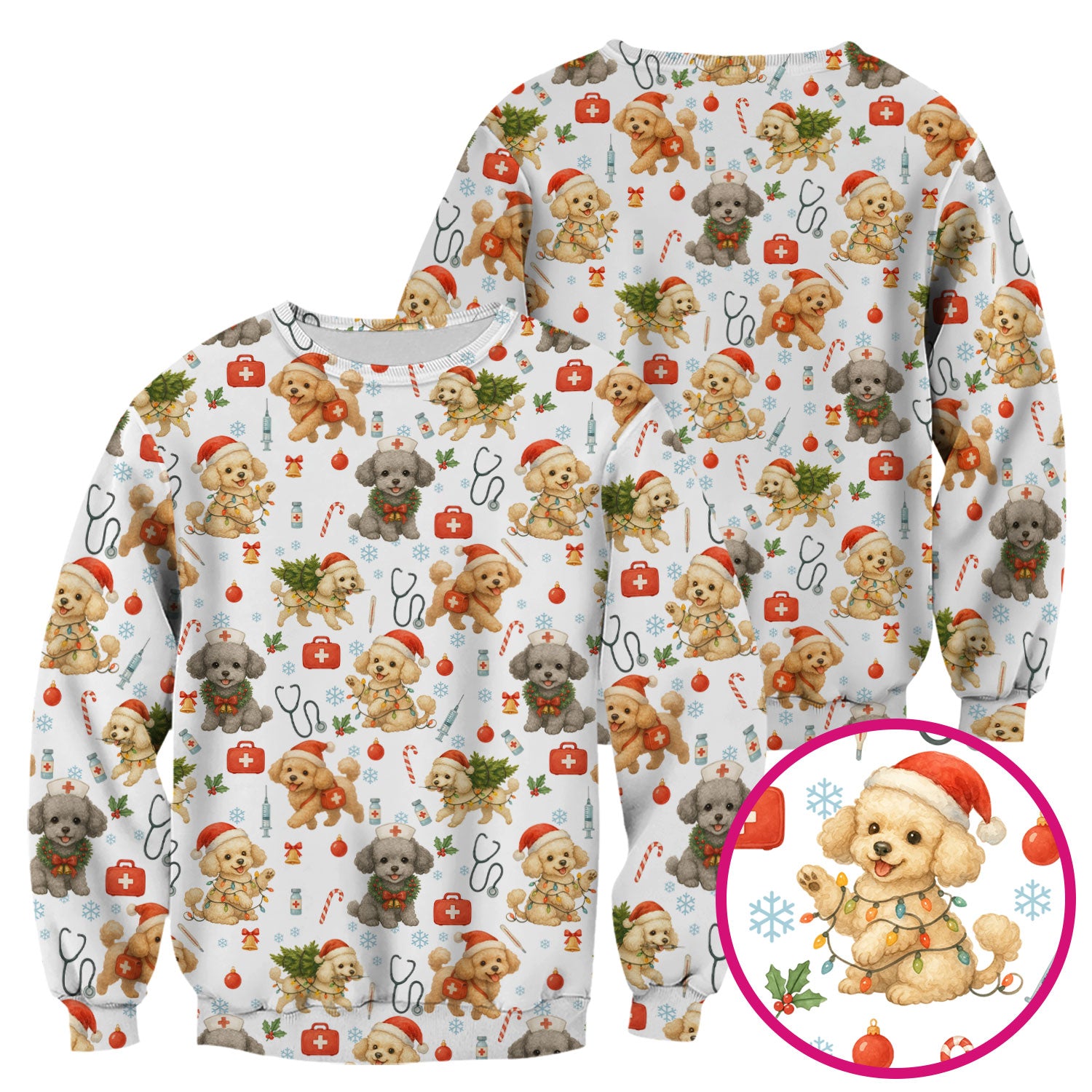 Cute Christmas Dog Scrub Top - Puppy Nurse Shirt Santa Hat Print - Holiday Medical Scrubs Gift for Women CNA RN Doctor