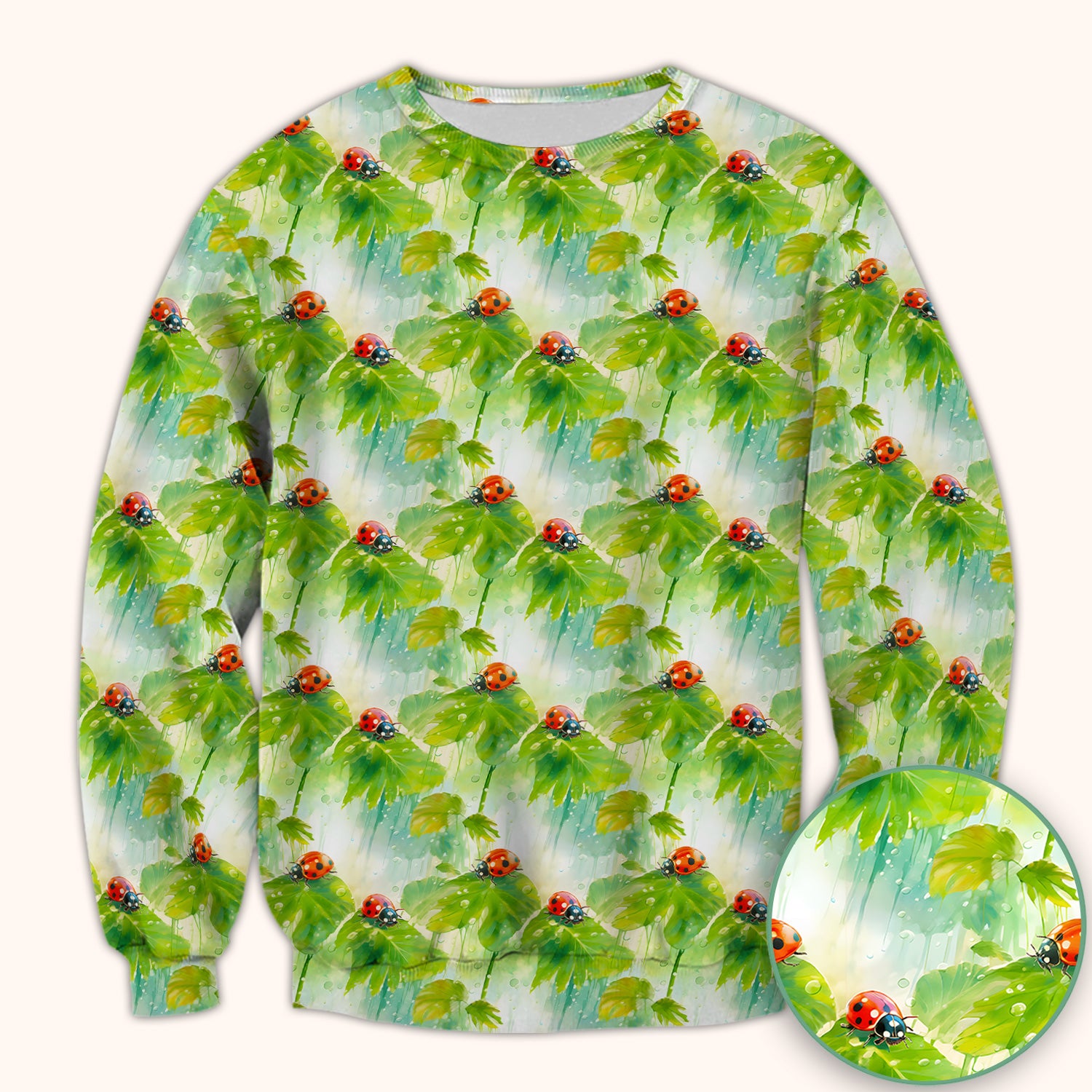 Ladybugs On Rainy Leaves Pattern Scrub Top, Comfortable Scrubs for Nurses