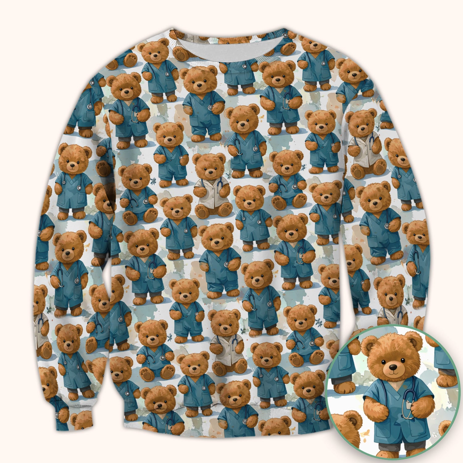 Teddy Bear Doctor Character Pattern Scrub Top, Comfortable Scrubs for Nurses