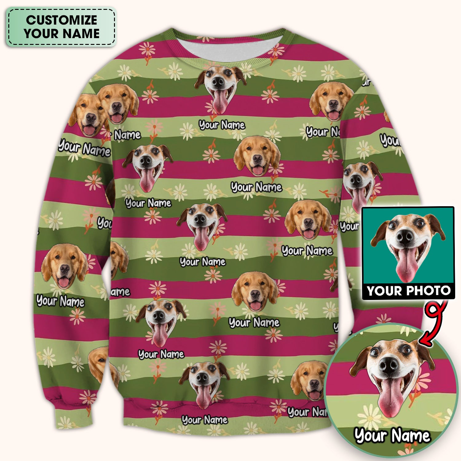 Personalized Floral Dog Portrait With Spring Stripes Pattern Scrub Top, Comfortable Scrubs for Nurses