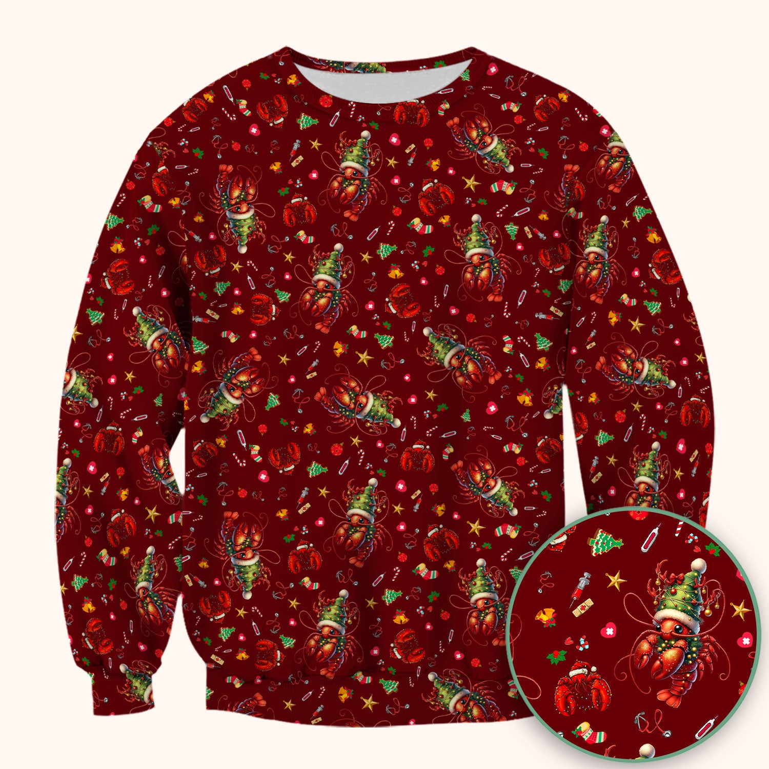 Whimsical Crawfish Christmas Scrub Top – Southern Christmas Cajun Holiday Crawfish Pattern – Cute Medical Uniform for Nurses, Vets And Healthcare Workers