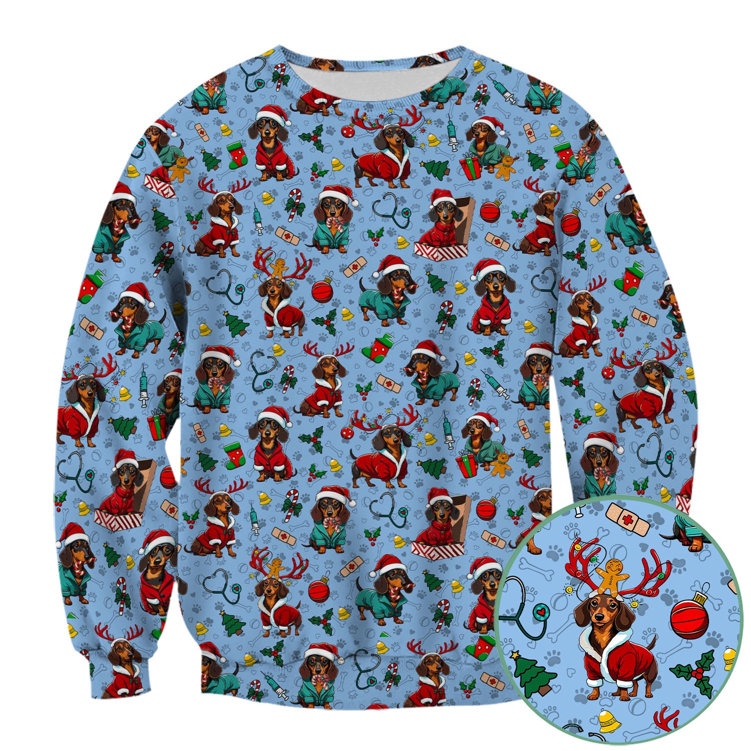 Christmas Dachshund Scrubs for Nurses - Cute Sausage Dog Holiday Scrub Top - Funny Reindeer & Santa Medical Shirt for Women