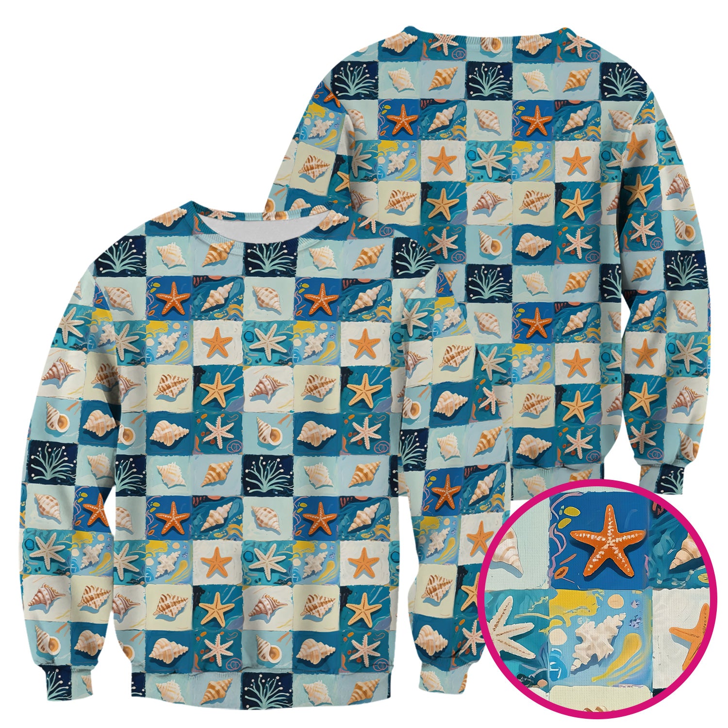 Cute Seashell Starfish Ocean Tile Pattern Scrub Top, Comfortable Scrubs for Nurses