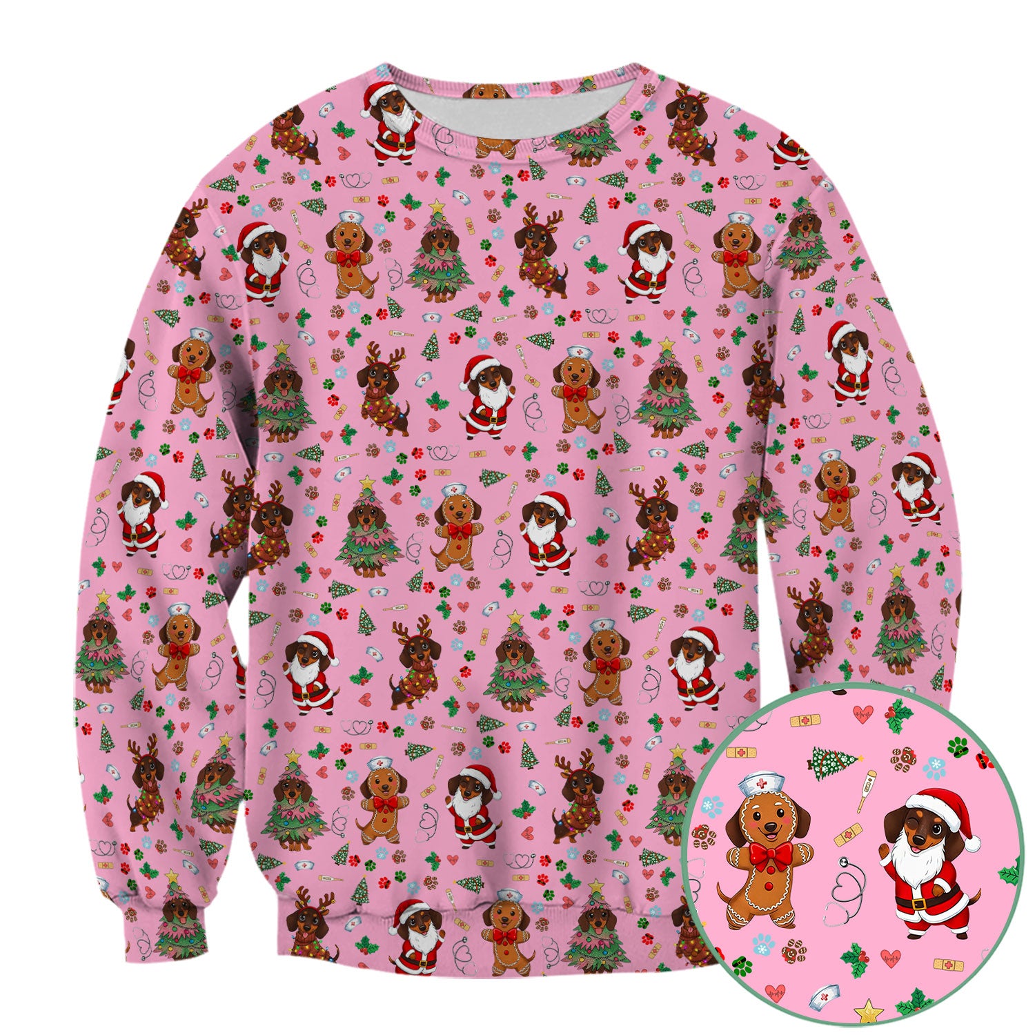 Wiener Dog Christmas Scrub Top – Funny Dachshund Pattern Medical Shirt – Festive Holiday Uniform for RN, LPN, CNA, and Vet Techs