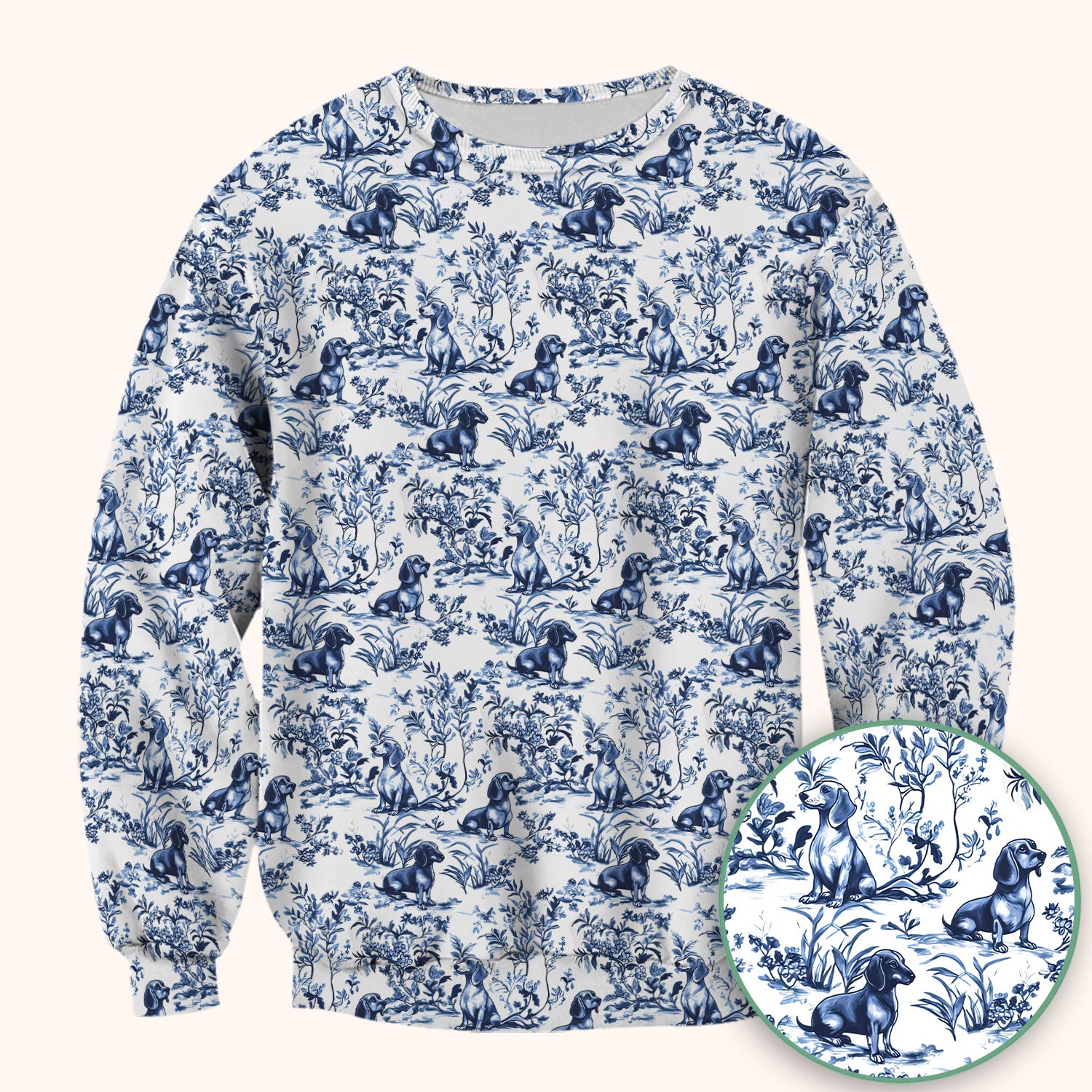 Toile de Jouy Dog Scrub Top – Elegant Blue Dachshund Pattern – Cute Medical Uniform for Nurses, Vets, and Animal Care Workers
