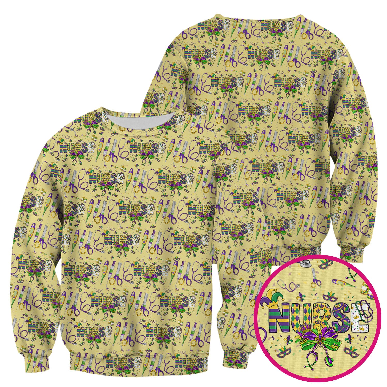 Mardi Gras Nurse Scrub Top, Holiday Medical Pattern Nurse Shirt, Breathable Fabrics Nursing Uniform