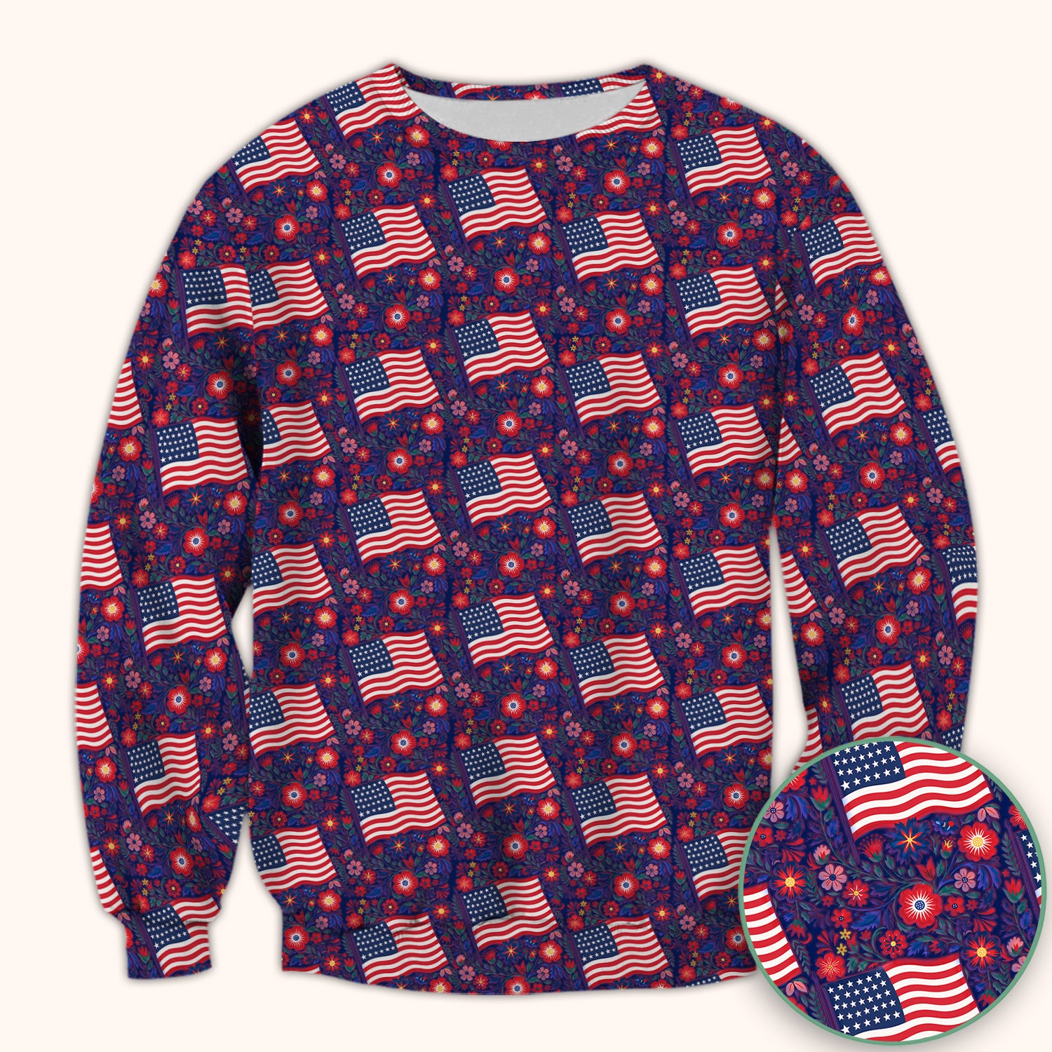 Patriotic USA Flag With Floral Fireworks Pattern Scrub Top, Breathable Fabrics Nursing Uniform