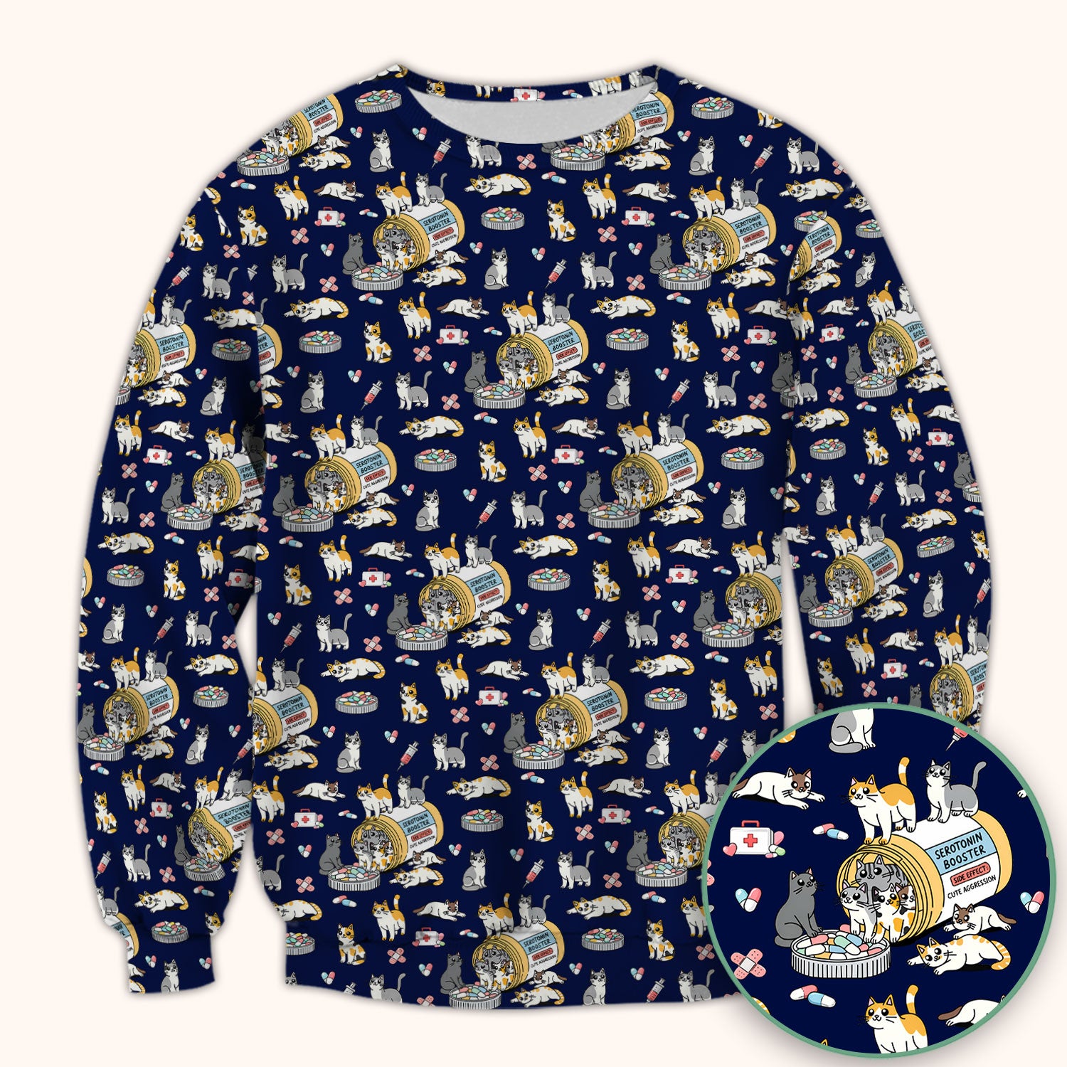 Cute Cat Serotonin Booster Pattern Scrub Top, Comfortable Scrubs for Nurses