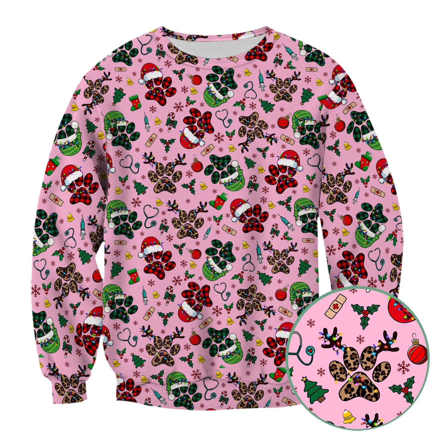 Christmas Paw Print Scrub Top for Nurses - Cute Leopard Holiday Pattern - Funny Festive Medical Uniform Gift