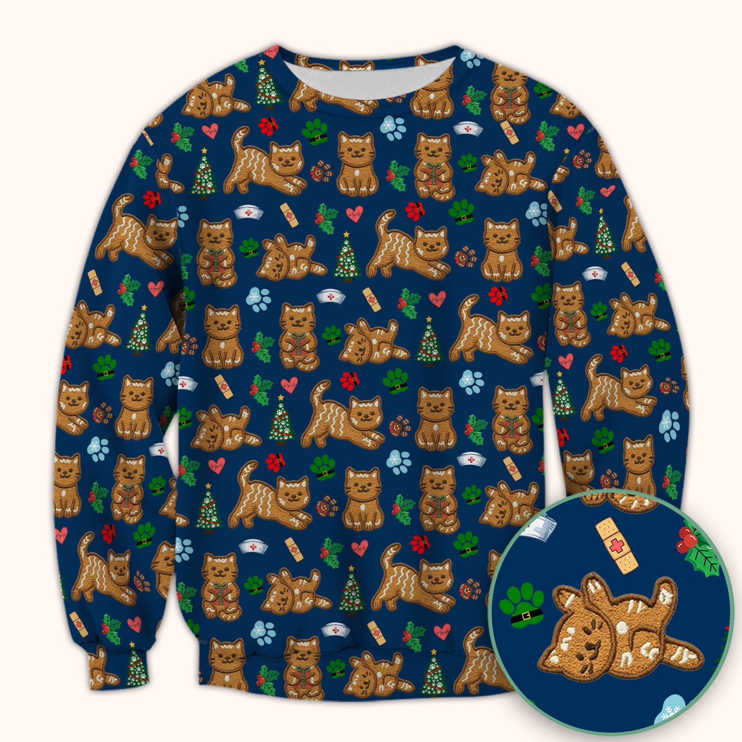Gingerbread Cat Christmas Scrub Top, Cute Holiday Kitty Medical Uniform Shirt For Nursing, Festive Nurse Pattern