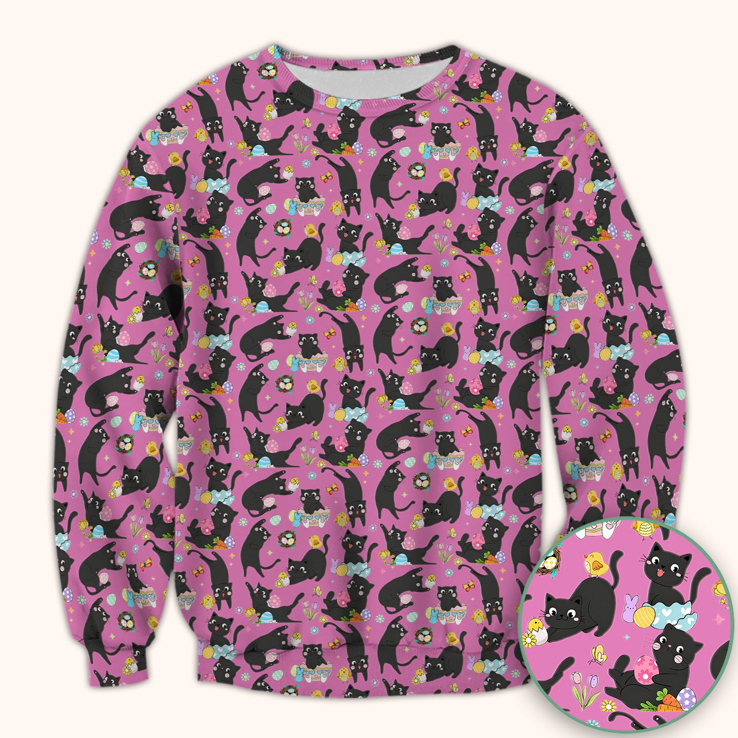 Playful Black Cat Easter Egg Pattern Scrub Top, Comfortable Scrubs for Nurses