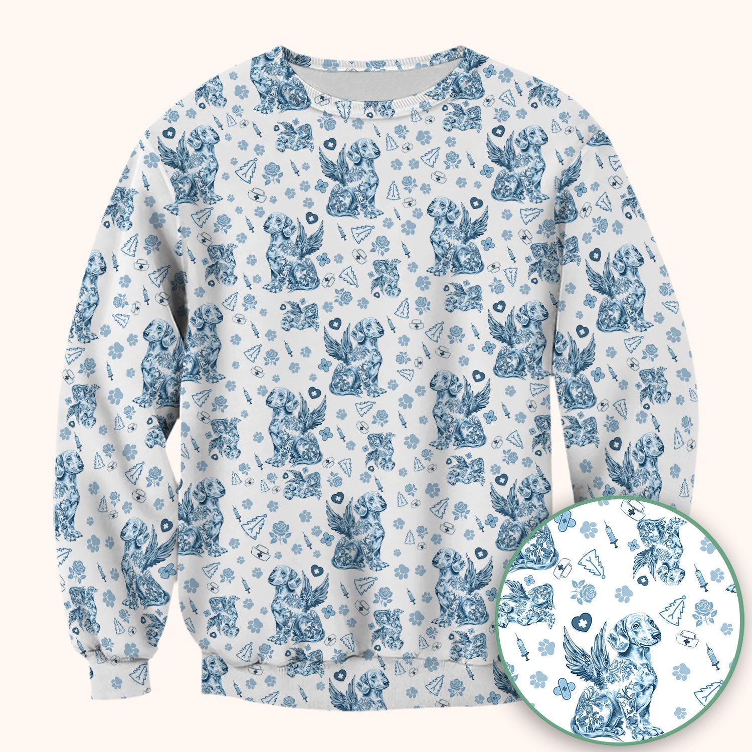 Toile de Jouy Dachshund Angel Scrub Top - Blue Vintage Dog Nurse Shirt - Memorial Christmas Gift