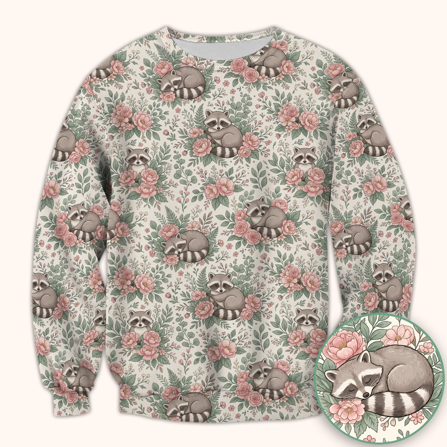 Sleeping Raccoon Rose Garden Pattern Scrub Top, Breathable Fabrics Nursing Uniform