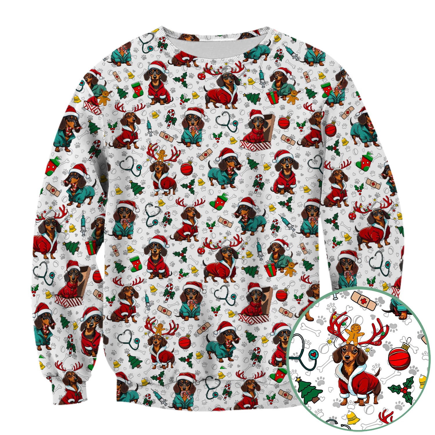 Christmas Dachshund Scrubs for Nurses - Cute Sausage Dog Holiday Scrub Top - Funny Reindeer & Santa Medical Shirt for Women