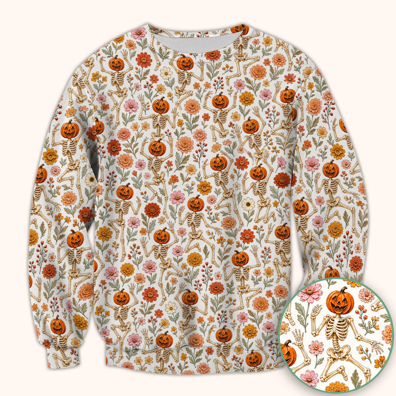 Halloween Pumpkin Skeleton Floral Scrub Top, Comfortable Scrubs for Nurses