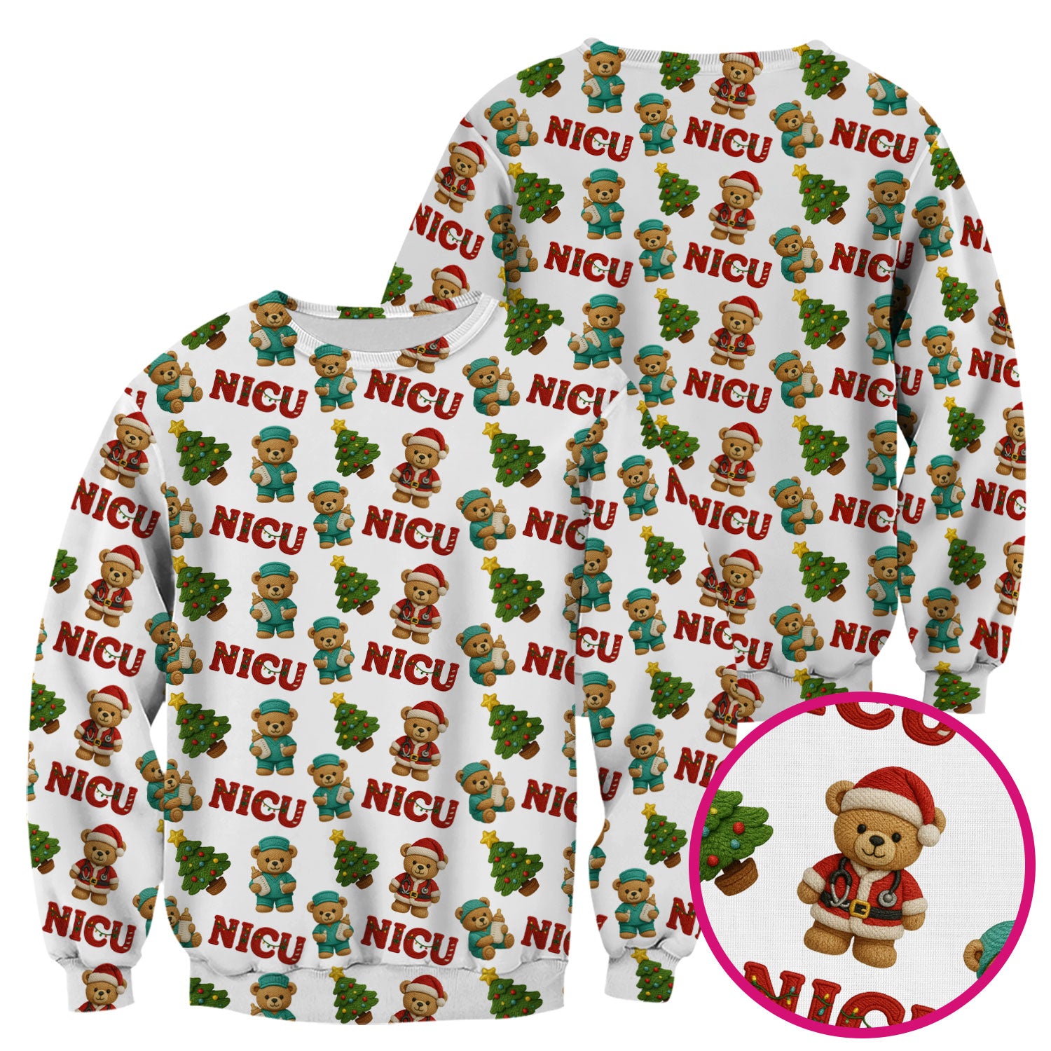 Festive Christmas NICU Nurse Teddy Bear Pattern, Breathable Fabrics Nursing Uniform