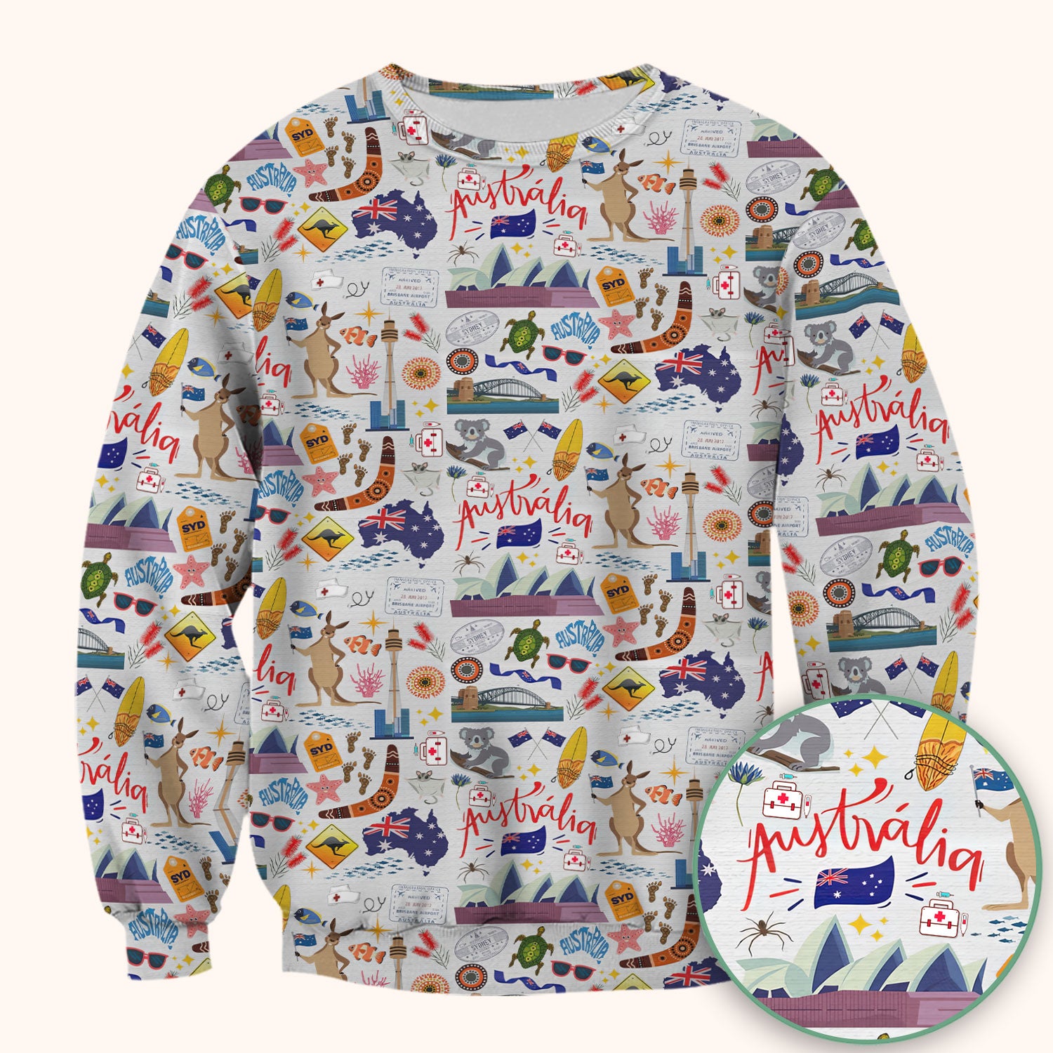 Australia Scrub Top for Women - Aussie Icons with Kangaroo Koala Opera House - Travel Medical Uniform Gift for LPN RN CNA