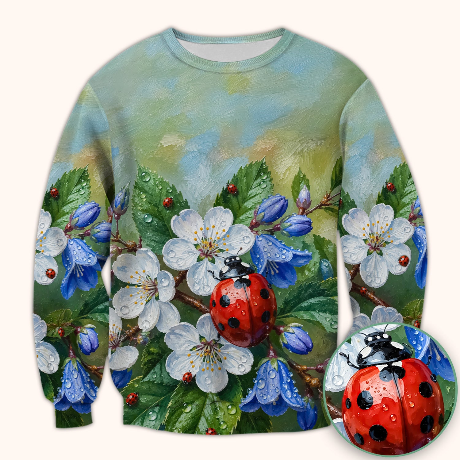 Cute Ladybug Blossom Garden Pattern Scrub Top, Comfortable Scrubs for Nurses