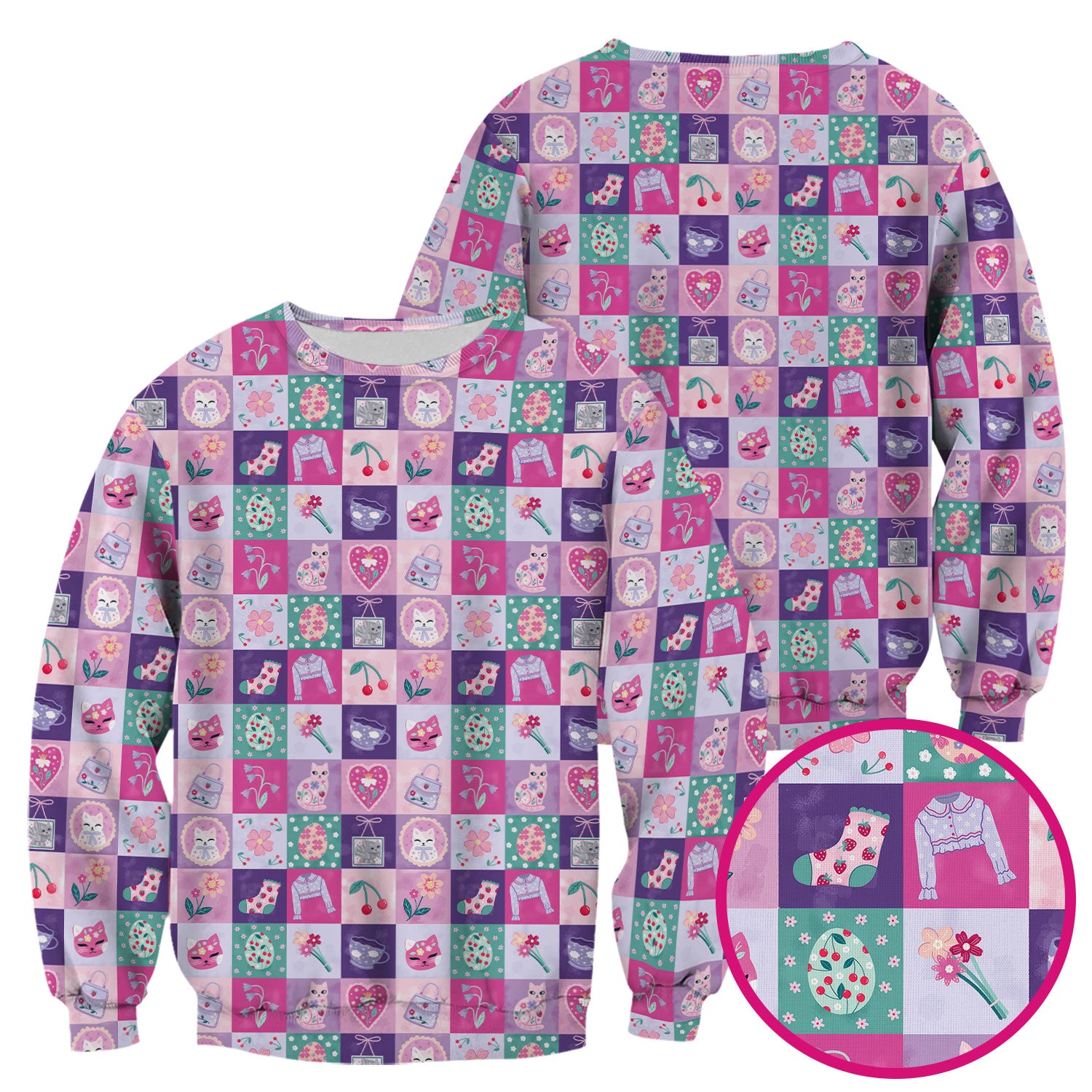 Pastel Cat Patchwork Scrub Top, Kawaii Floral Nursing Uniform