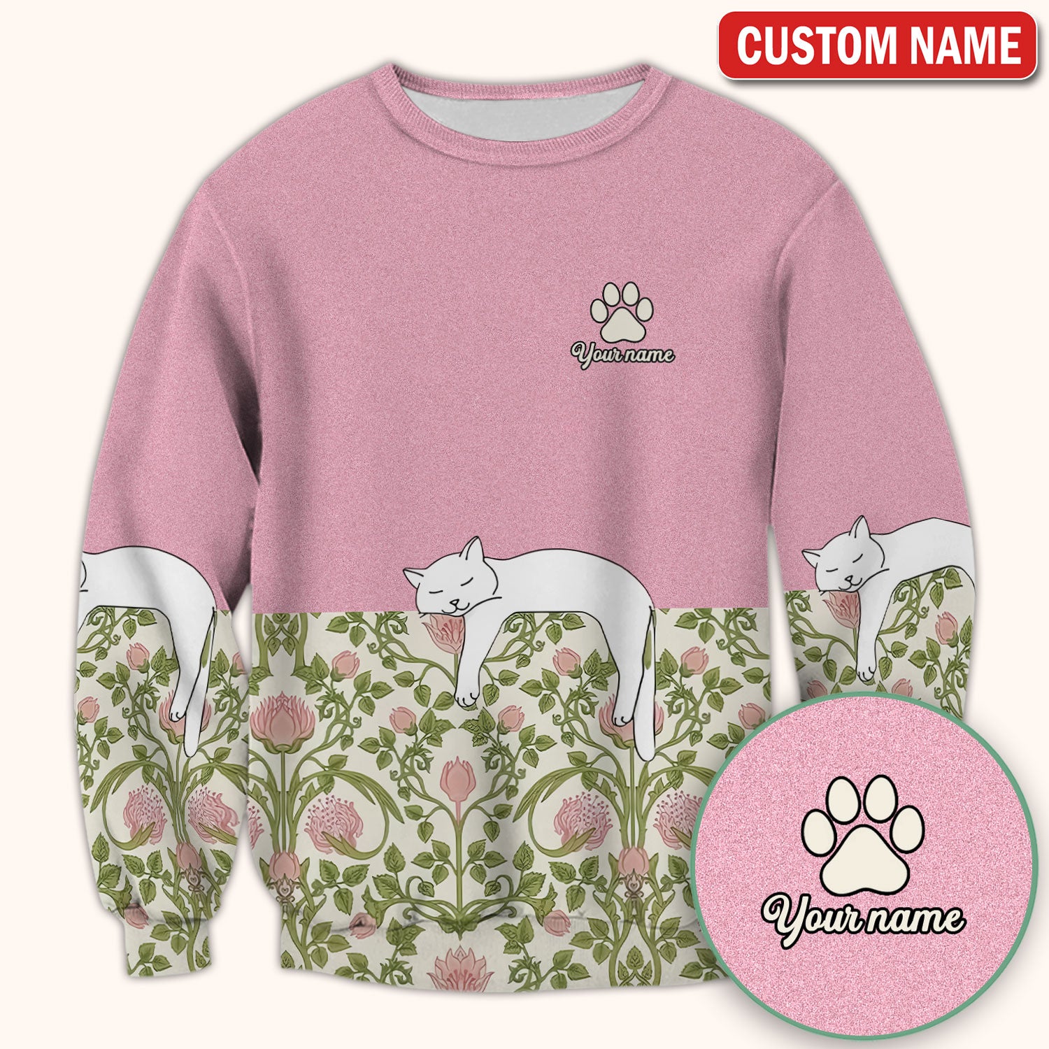 Personalized Cat Nurse Scrub Top, Custom Name Floral Scrub Shirt For Women, Breathable Fabrics Nursing Uniform