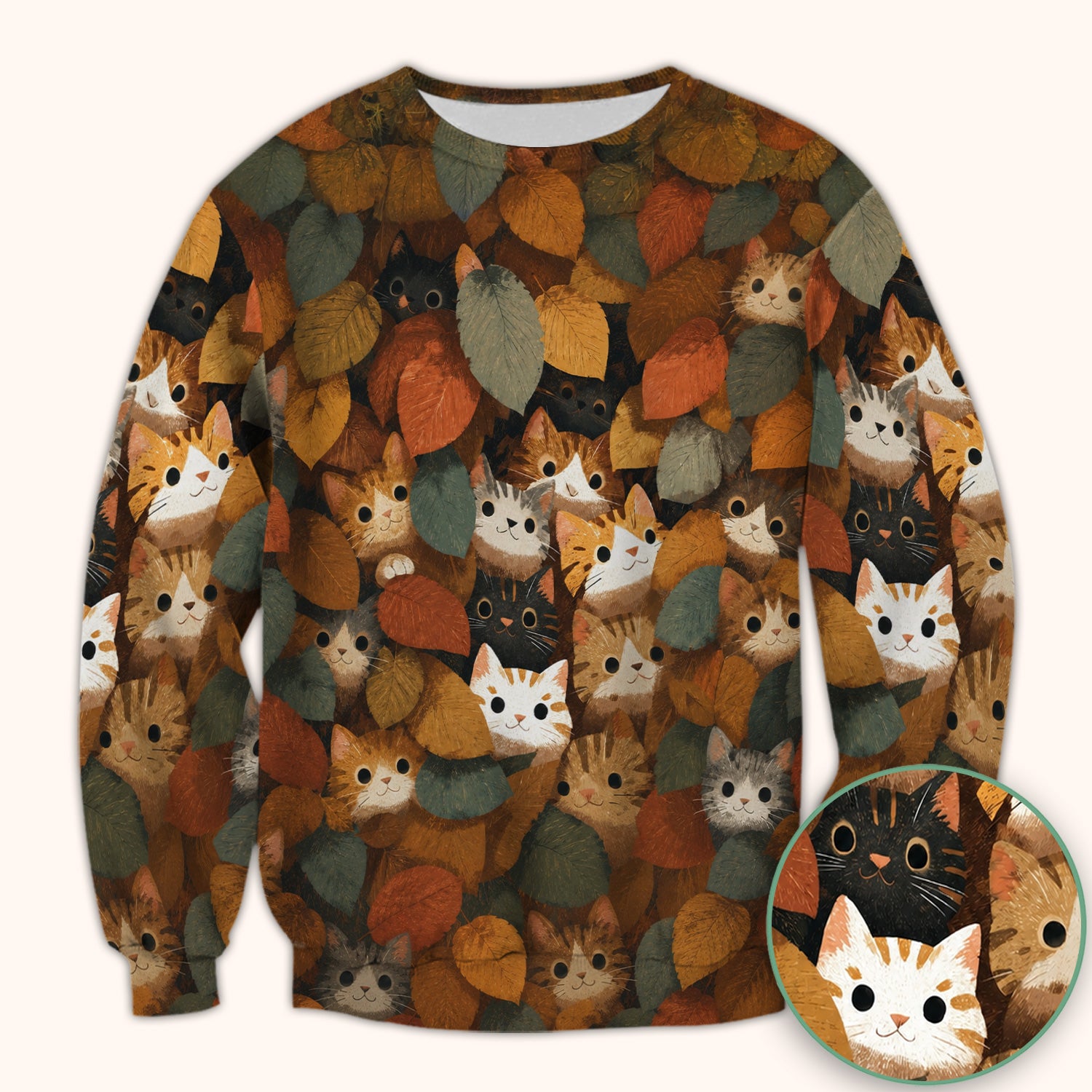 Cute Autumn Cat Leaf Pile Pattern Scrub Top, Comfortable Scrubs for Nurses