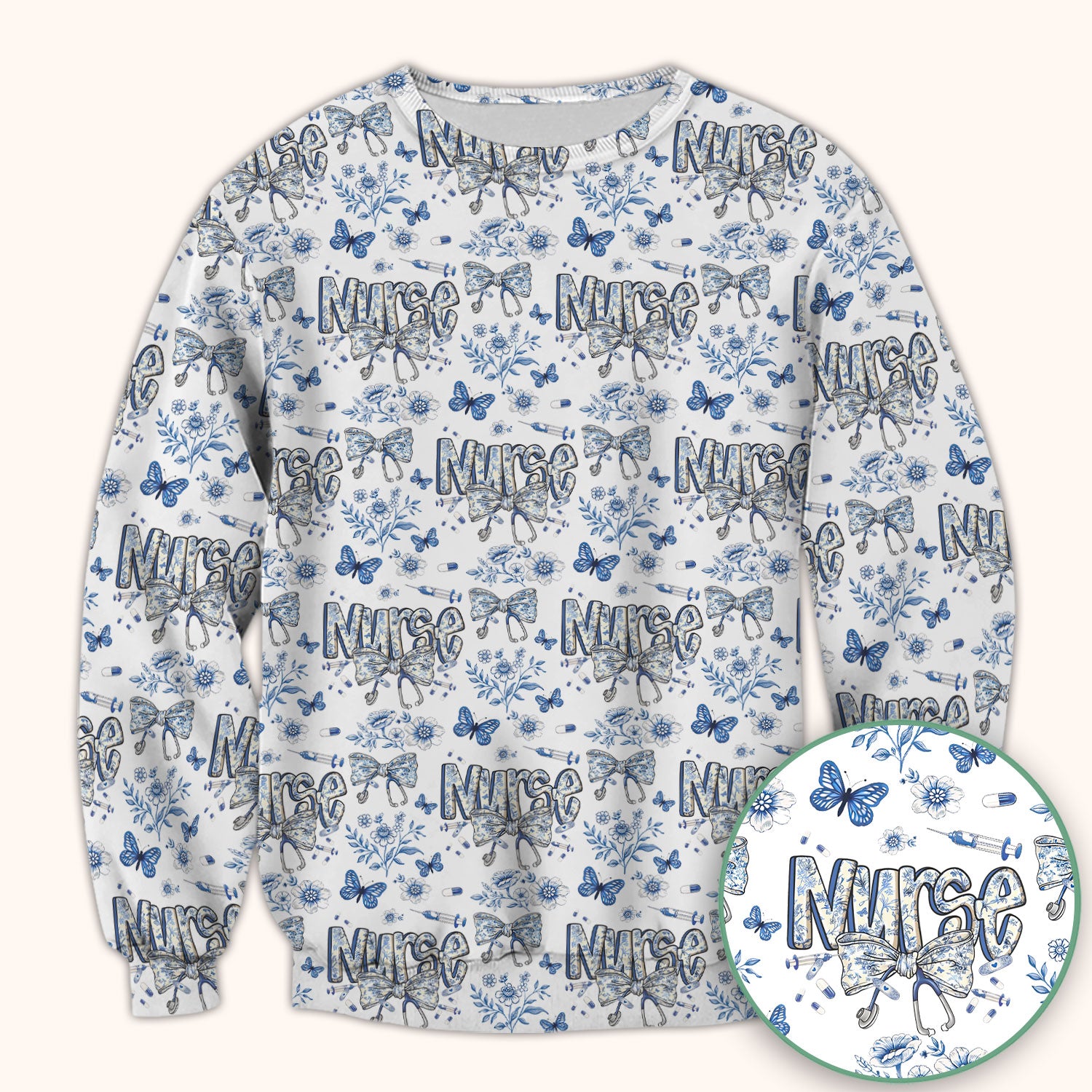 Blue Nurse Letter Bow Butterfly Floral Print Scrub Top, Comfortable Scrubs for Nurses
