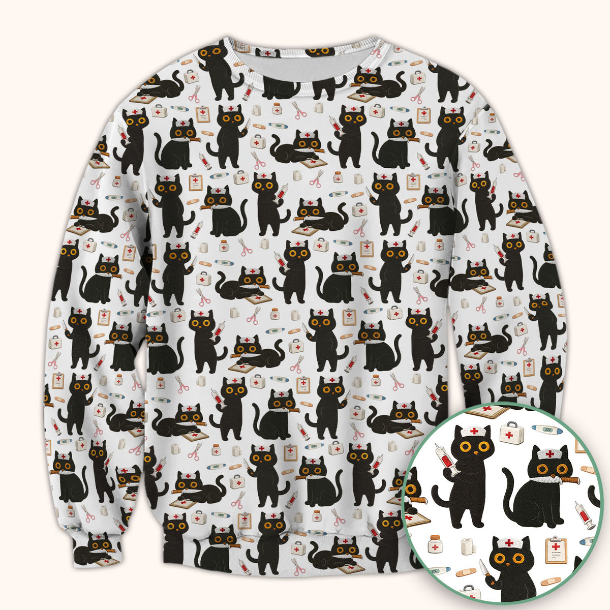 Cute Black Cat Nurse Pattern Scrub Top, Comfortable Scrubs for Nurses