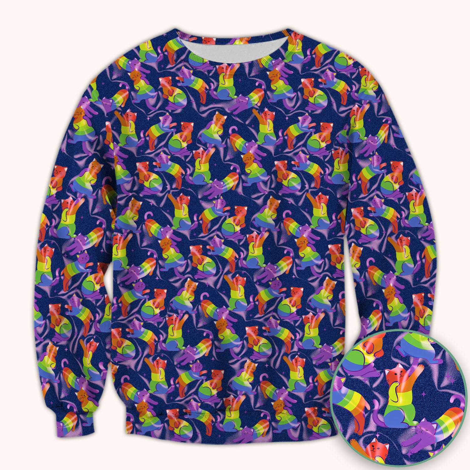 Rainbow Pride Cat Pattern Scrub Top, Breathable Fabrics Nursing Uniform