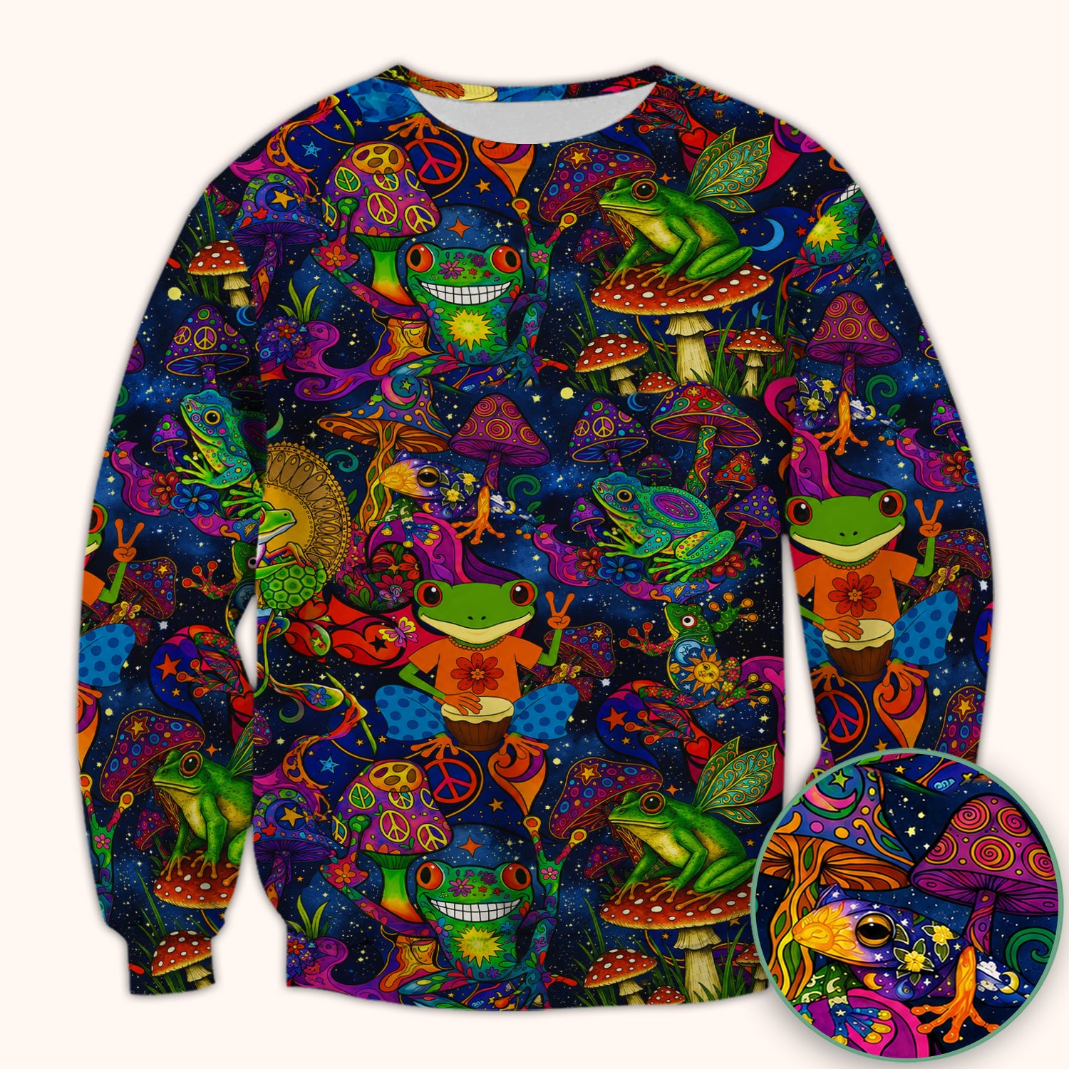 Psychedelic Frog with Mushroom Peace Print Scrub Top, Comfortable Scrubs for Nurses