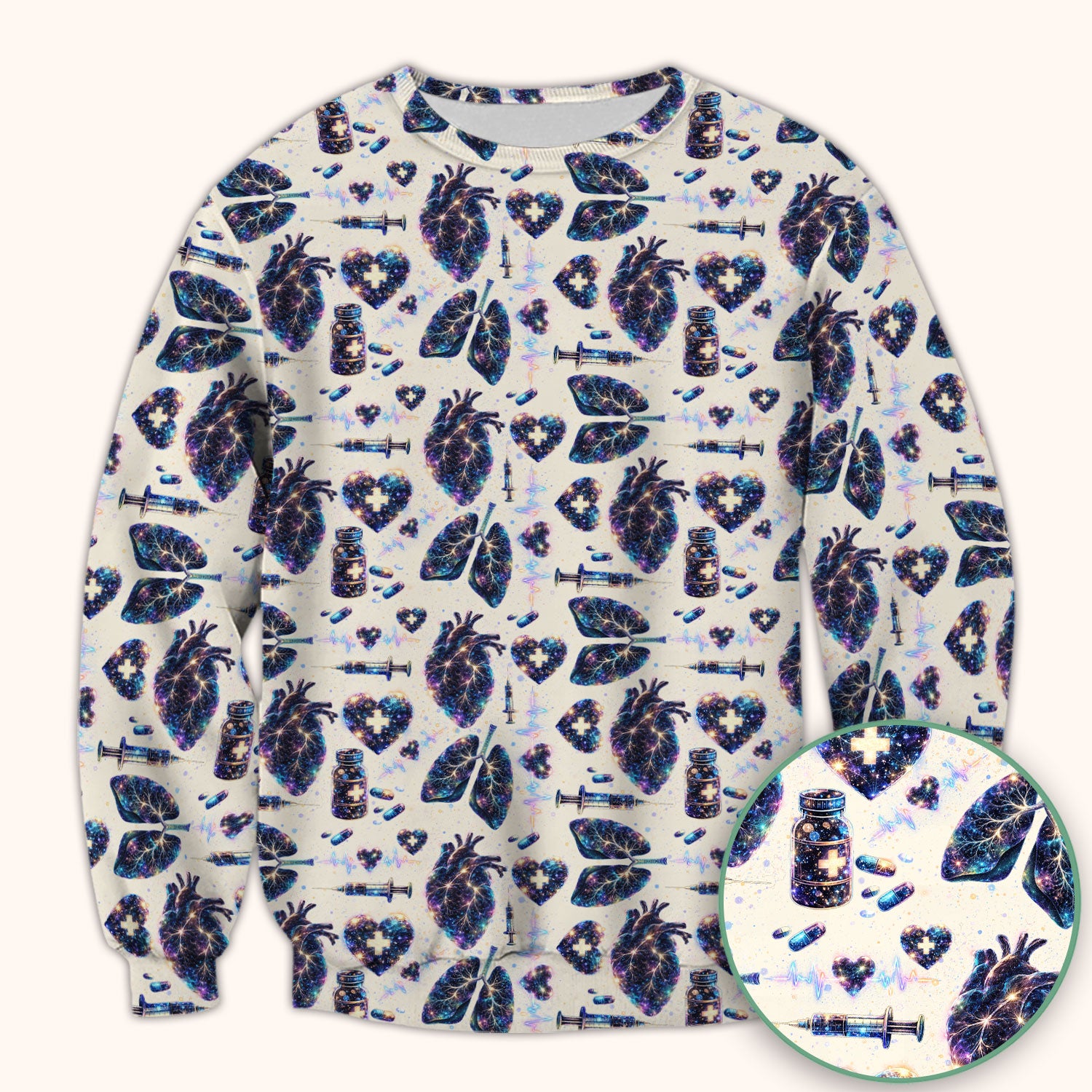 Galaxy Anatomical Heart Lung Syringe Print Scrub Top, Breathable Fabrics Nursing Uniform