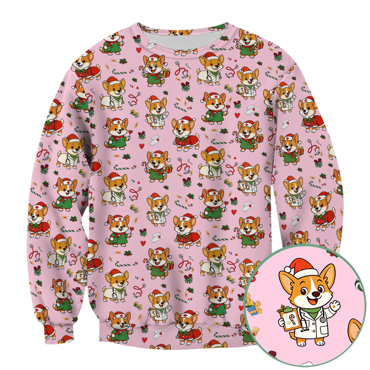 Christmas Corgi Nurse Scrub Top - Cute Dog Holiday Medical Uniform for Women - Funny RN CNA LPN Nursing Shirt Gift