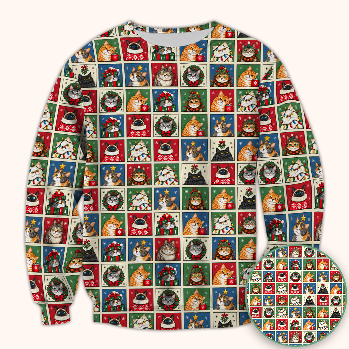 Cute Christmas Cat Patchwork Scrub Top, Comfortable Scrubs for Nurses