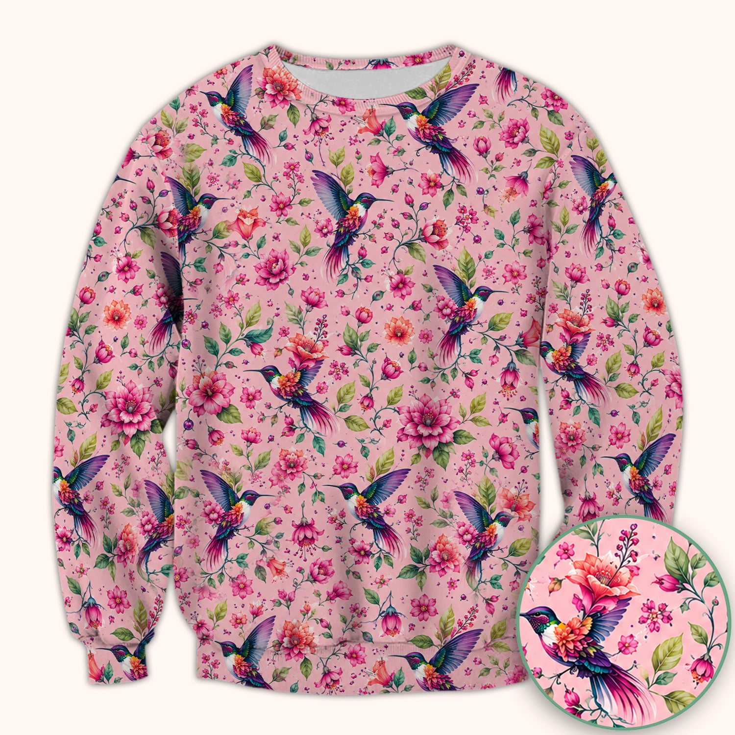 Pink Hummingbird Floral Garden Pattern Scrub Top, Comfortable Scrubs for Nurses